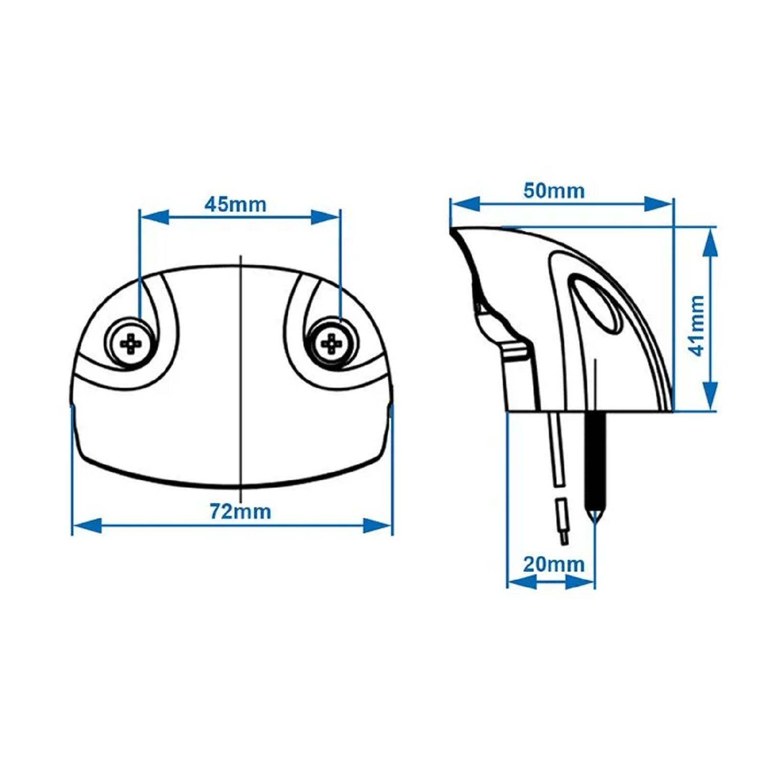 Diagramm mit Abmessungen einer Komponente: Breite 72 mm, 45 mm Abstand zwischen Schrauben, Tiefe 50 mm, Höhe 41 mm, Vorsprung 20 mm.