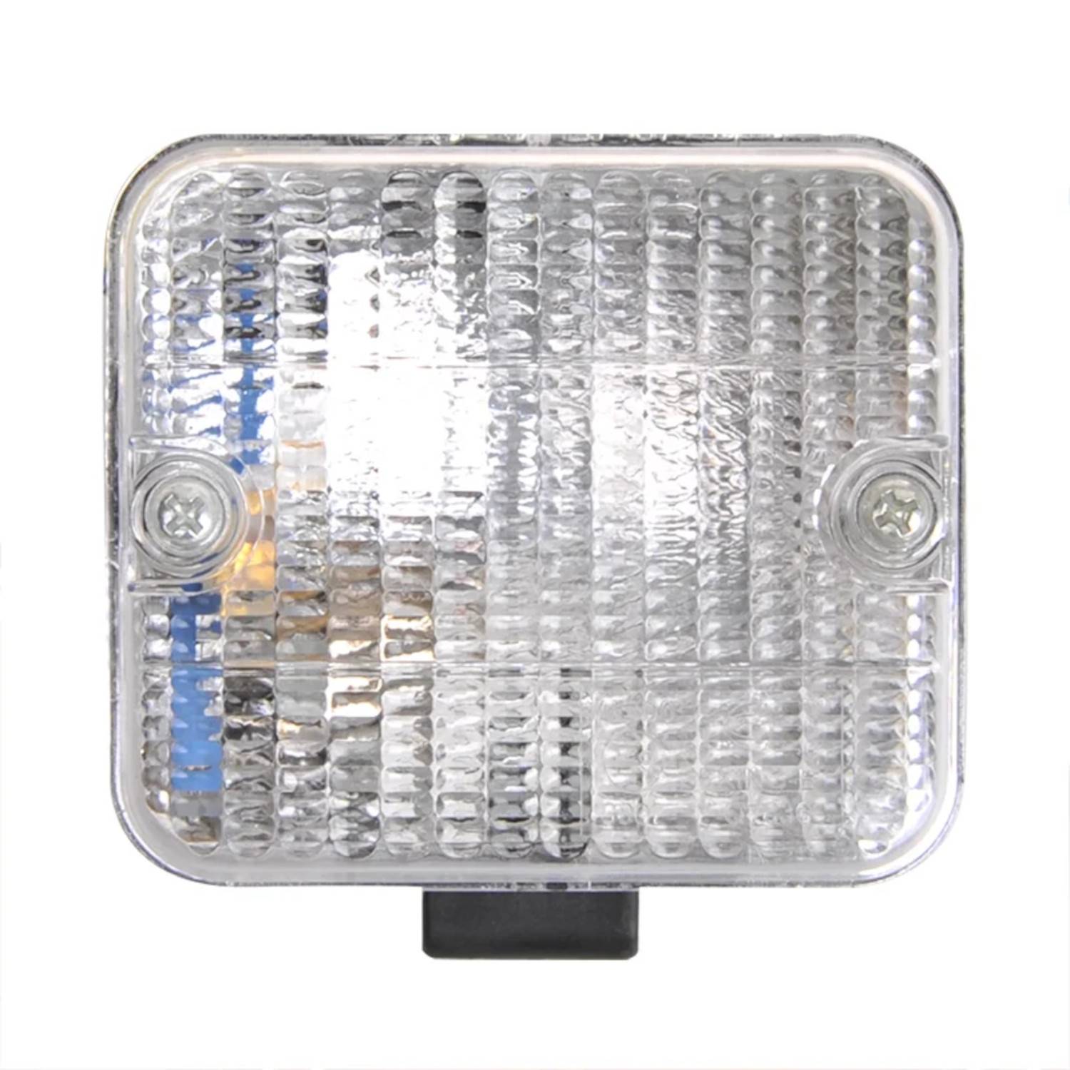 Eine Nahaufnahme eines quadratischen, durchsichtigen Kunststoff-Reflektors mit strukturierter Oberfläche und zwei Schrauben, möglicherweise für Fahrzeuge oder Fahrräder.