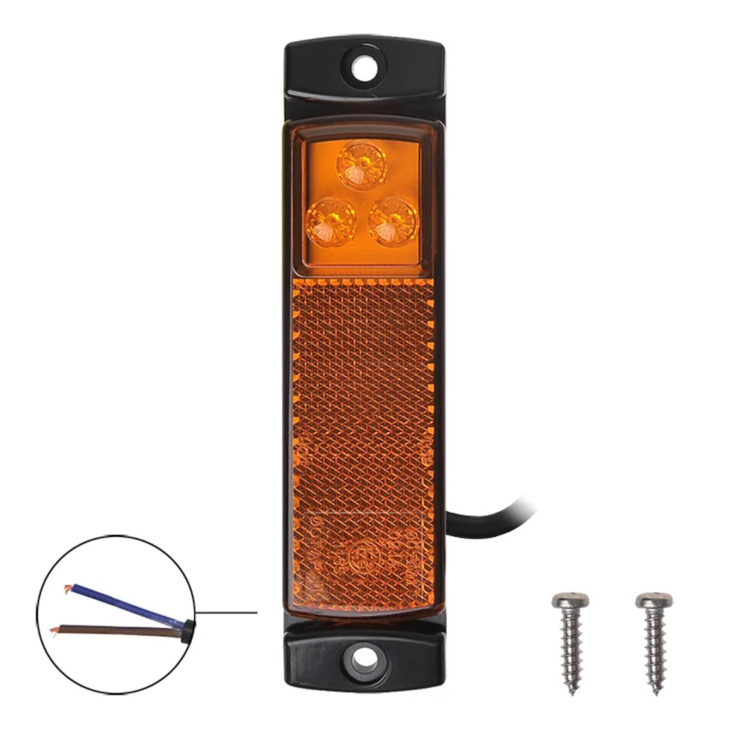 Bernsteinfarbene LED-Seitenmarkierungsleuchte mit reflektierender Oberfläche, ausgestattet mit zwei Befestigungsschrauben und freiliegenden Kabeln in der Ecke, die Installationskomponenten anzeigen.