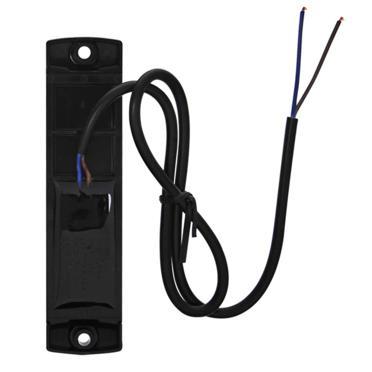 Ein schwarzer Kabel-Sensor, möglicherweise für Sicherheits- oder Türsysteme, weist ein rechteckiges Design mit zwei freiliegenden Drahtenden für die Verbindung auf.