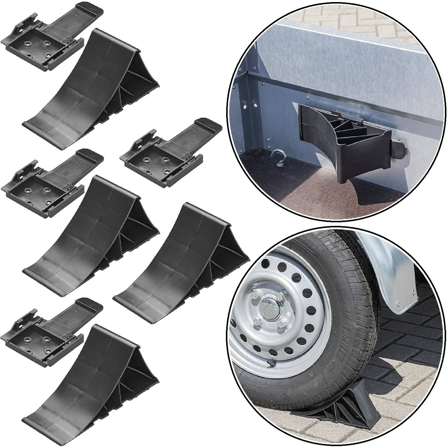 Satz schwarzer Kunststoff-Radkeile, dargestellt mit einem Autoreifen, die ihre Verwendung zur Stabilisierung von Fahrzeugen veranschaulichen. Enthält eine Ansicht der Aufbewahrung.