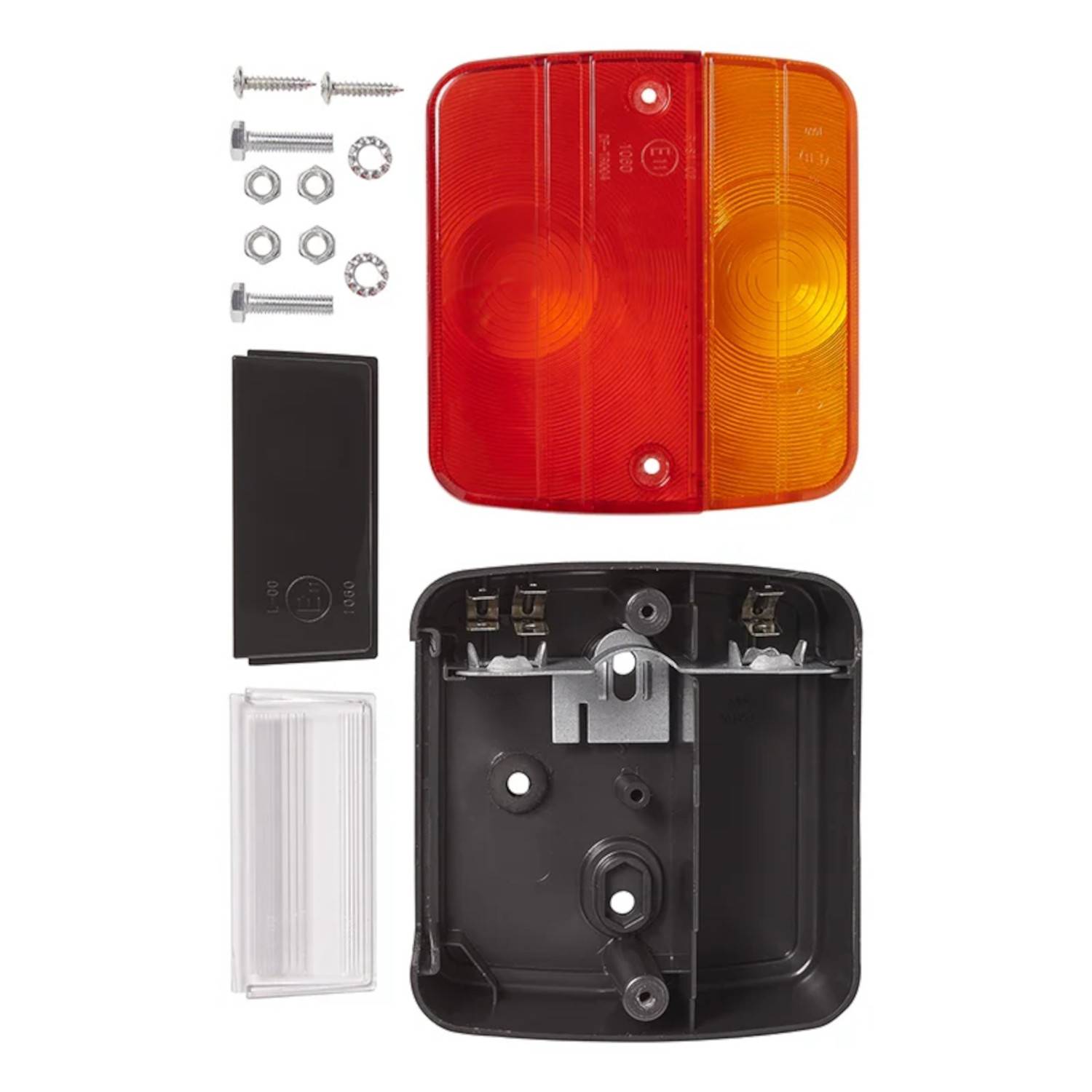 Rückleuchten-Montagesatz für ein Fahrzeug, bestehend aus Schrauben, Verbindern, einer roten und einer bernsteinfarbenen Linse sowie einem schwarzen Gehäuse, auf weißem Hintergrund ausgelegt.