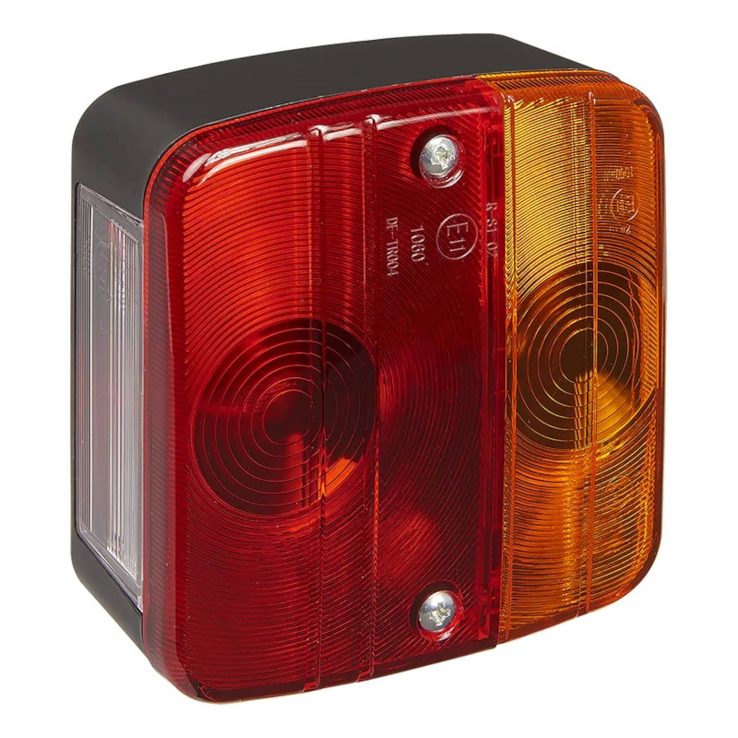 Eine rechteckige Fahrzeug-Rückleuchte mit roten und bernsteinfarbenen Linsen, die kreisförmige und rechteckige Abschnitte aufweist, aus einem leicht schrägen Blickwinkel betrachtet.