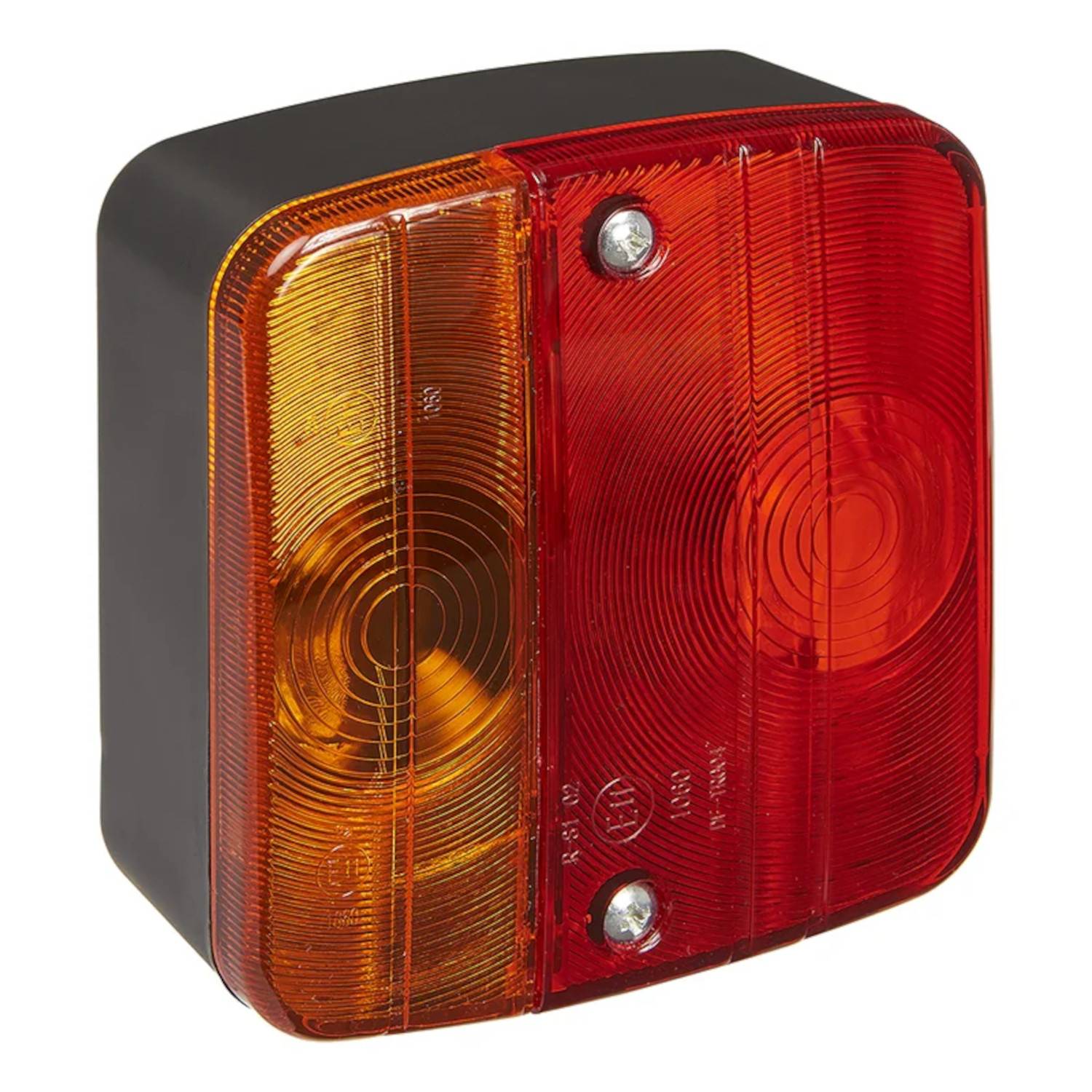 Ein rot-orangefarbenes rechteckiges Rücklicht eines Fahrzeugs mit schwarzem Gehäuse, das kreisförmige Muster und zwei Reflektorstreifen aufweist.