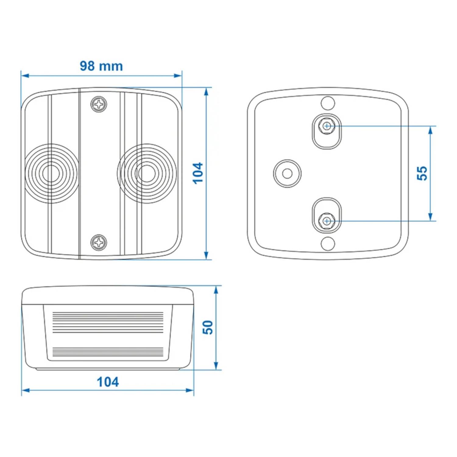 Technische Zeichnung eines rechteckigen Geräts mit Abmessungen: 98 mm Breite und 104 mm Höhe in der Draufsicht, 104 mm Breite und 50 mm Höhe in der Seitenansicht.