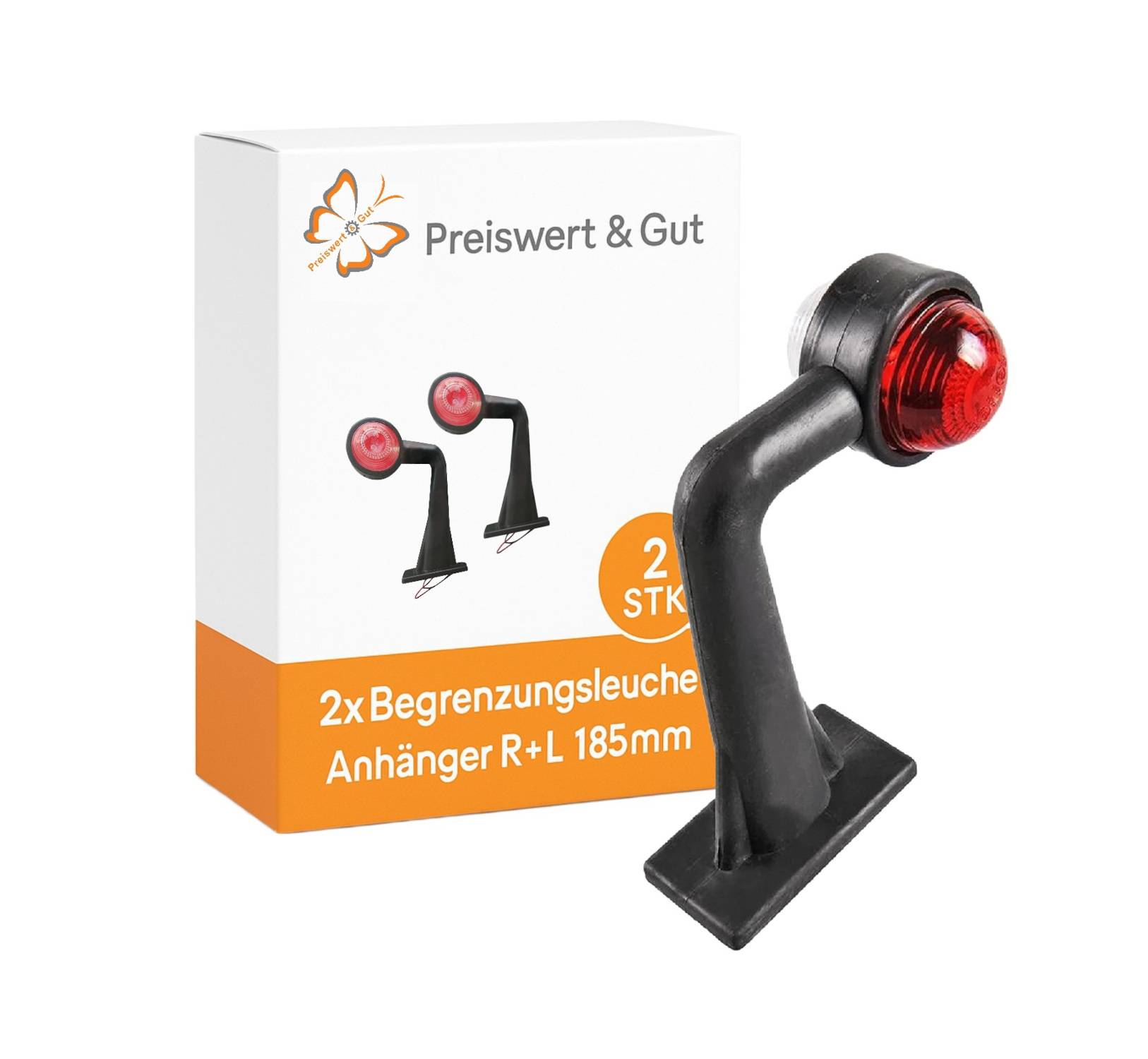 Das Bild zeigt zwei LED-Anhängerleuchten auf einer Box mit der Aufschrift 