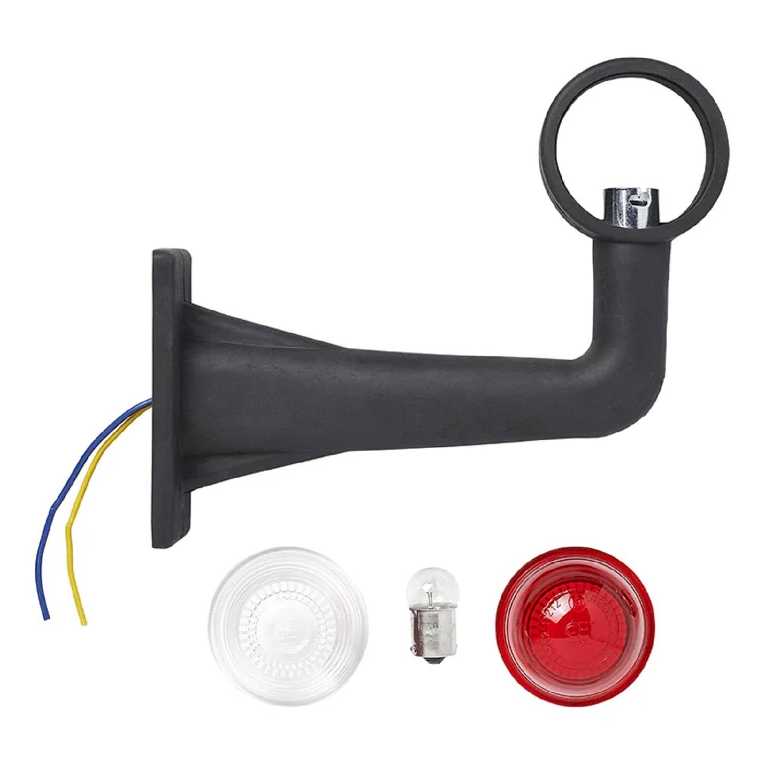Ein schwarzer Fahrzeug-Rücklichhalter mit Montageplatte, zwei angeschlossenen Drähten, einer klaren Linse, einer roten Linse und einer kleinen klaren Glühbirne, die darunter angezeigt wird.