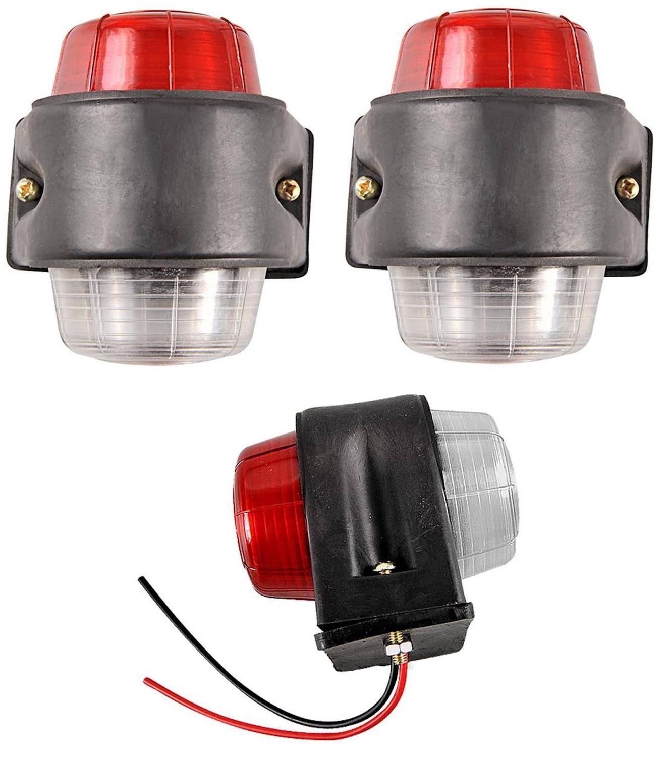 Zwei rote und durchsichtige LED-Anzeigelichter mit schwarzen Gehäusen; von vorne und der Seite betrachtet, mit sichtbarer Verkabelung und Schraubenbefestigungen.