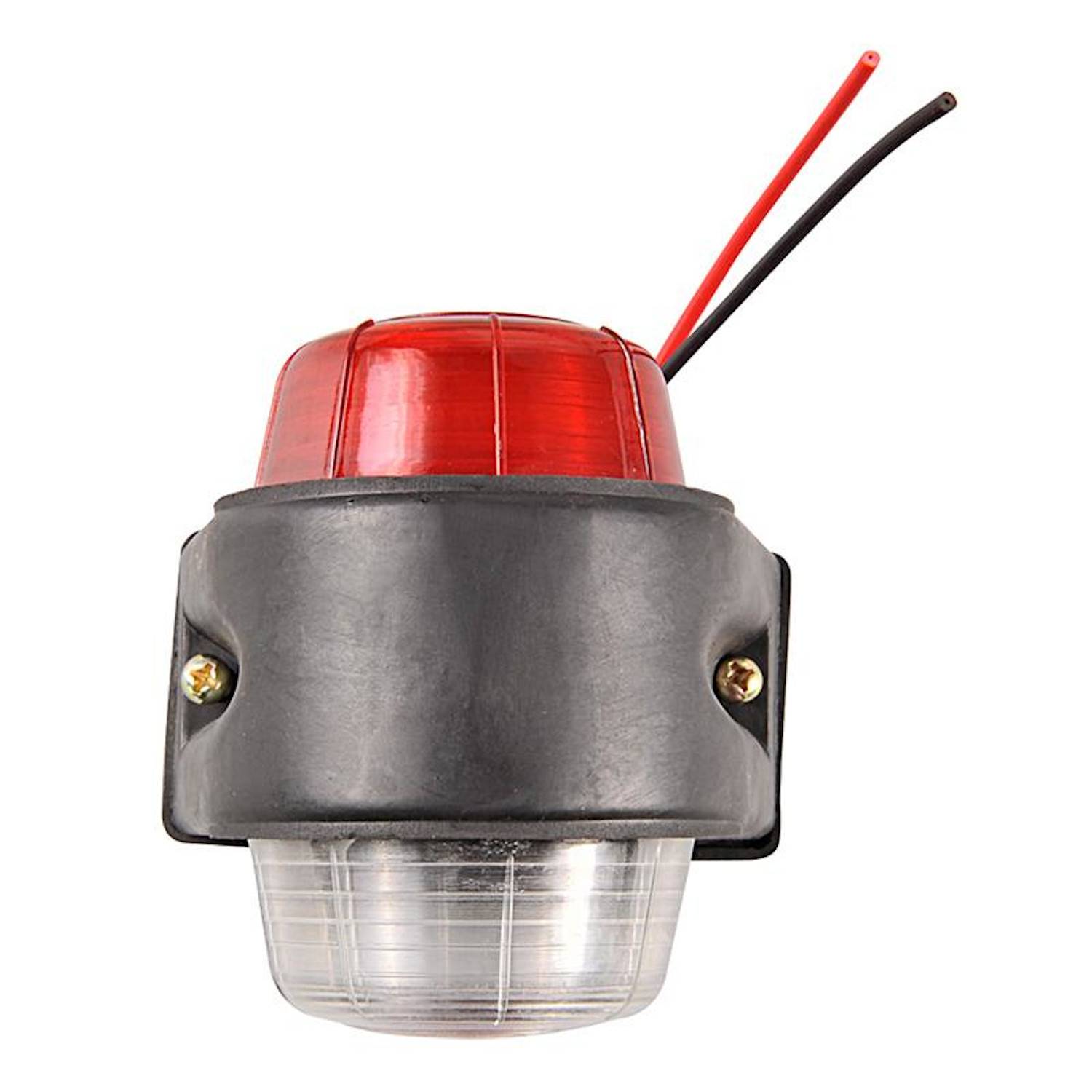 Eine rote und transparente Plastik-Notfallwarnleuchte mit zwei freiliegenden Kabeln, in einem schwarzen Gehäuse montiert.