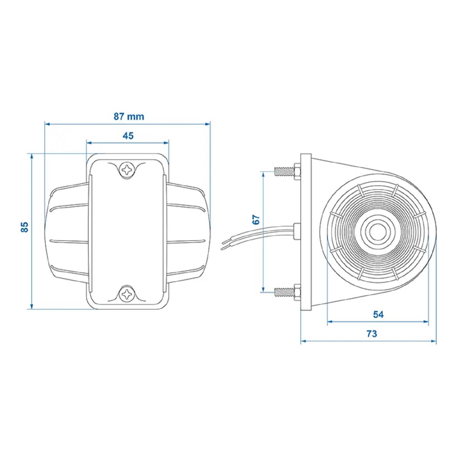 Technische Zweiansichtszeichnung eines mechanischen Bauteils mit Maßen: 87 mm Höhe, 73 mm Länge und 54 mm Breite. Enthält 45 mm Innenbreite und 64 mm Schraubenlänge.