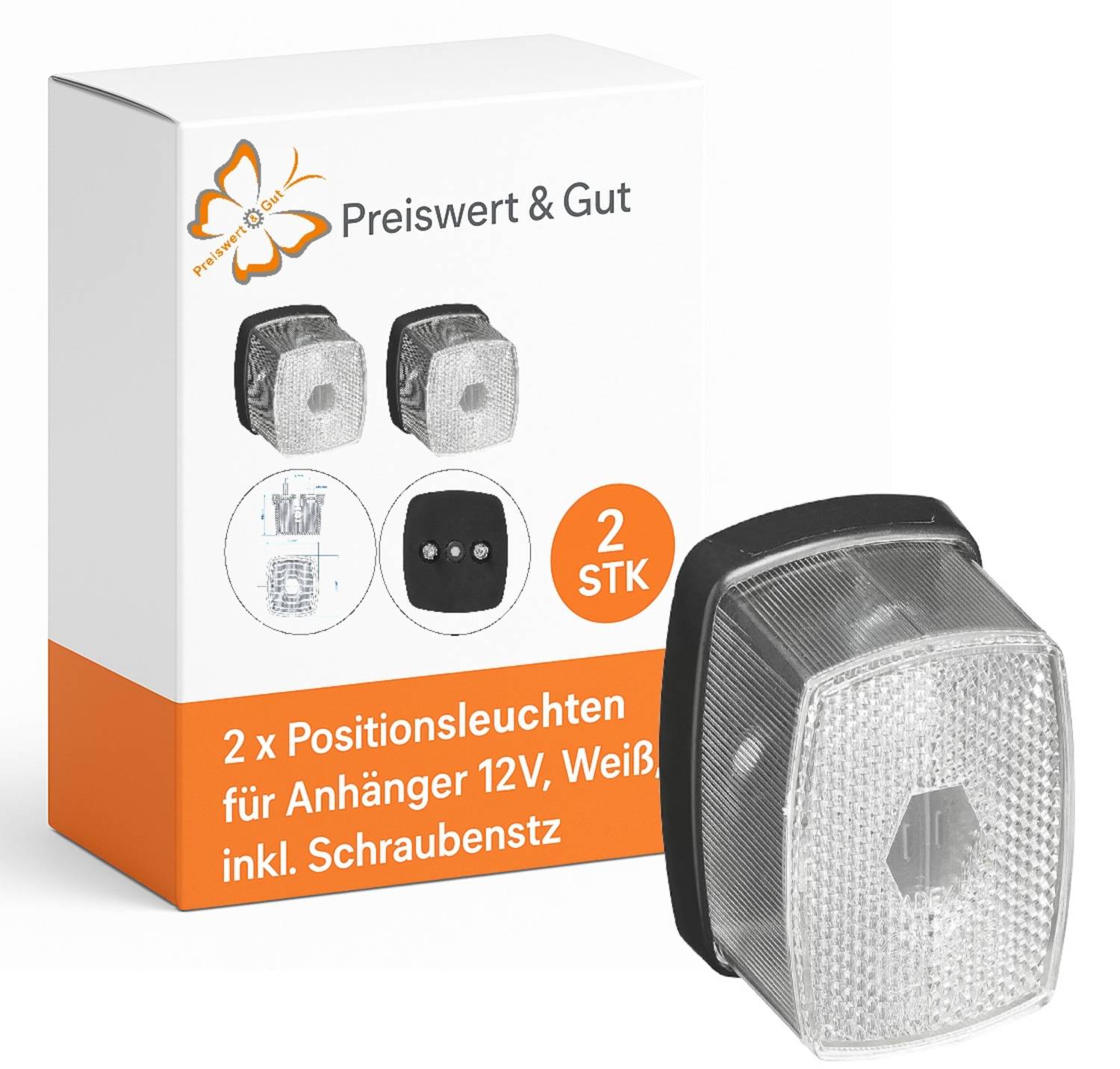 Das Bild zeigt eine Schachtel der Marke 'Preiswert & Gut' Anhängerbeleuchtung, 2 Stück, 12V, weiß, inklusive Installationszubehör.