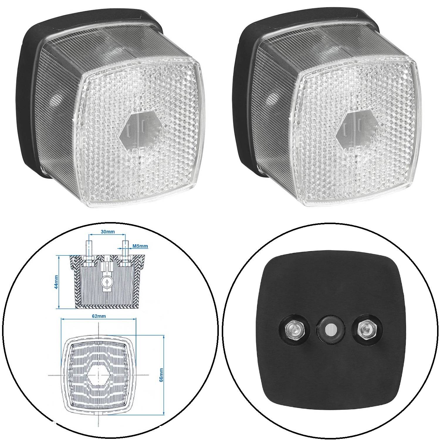 Zwei rechteckige LED-Leuchten mit sechseckigen Mustern werden dargestellt, zusammen mit einem technischen Diagramm mit Maßangaben und einer Rückansicht mit Anschlüssen.