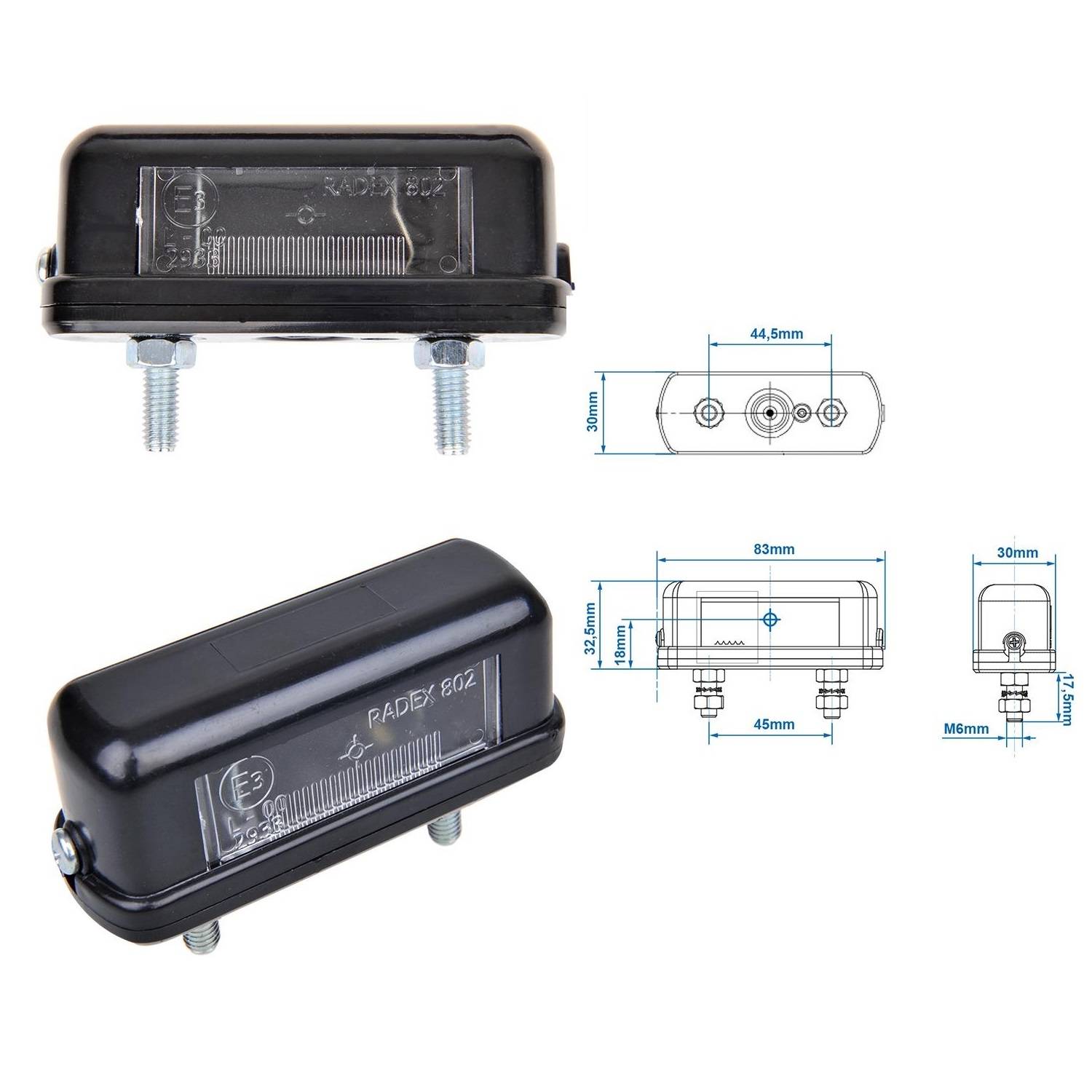 Rechteckige schwarze Automotive-Leuchte mit zwei Befestigungsbolzen, aus verschiedenen Winkeln dargestellt; enthält technische Spezifikationen und Maße.