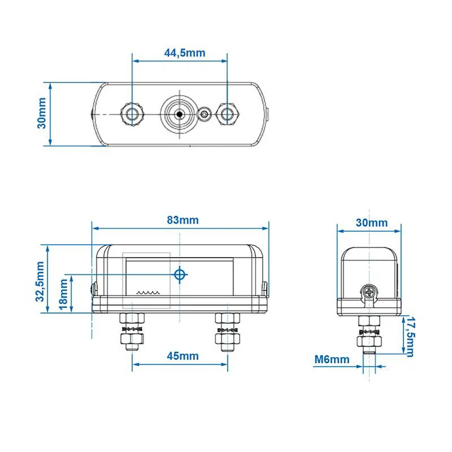 Technische Zeichnung, die Abmessungen und Spezifikationen eines rechteckigen Metallbauteils mit Anschlüssen zeigt, mit einer Breite von 83 mm und einer Höhe von 30 mm.