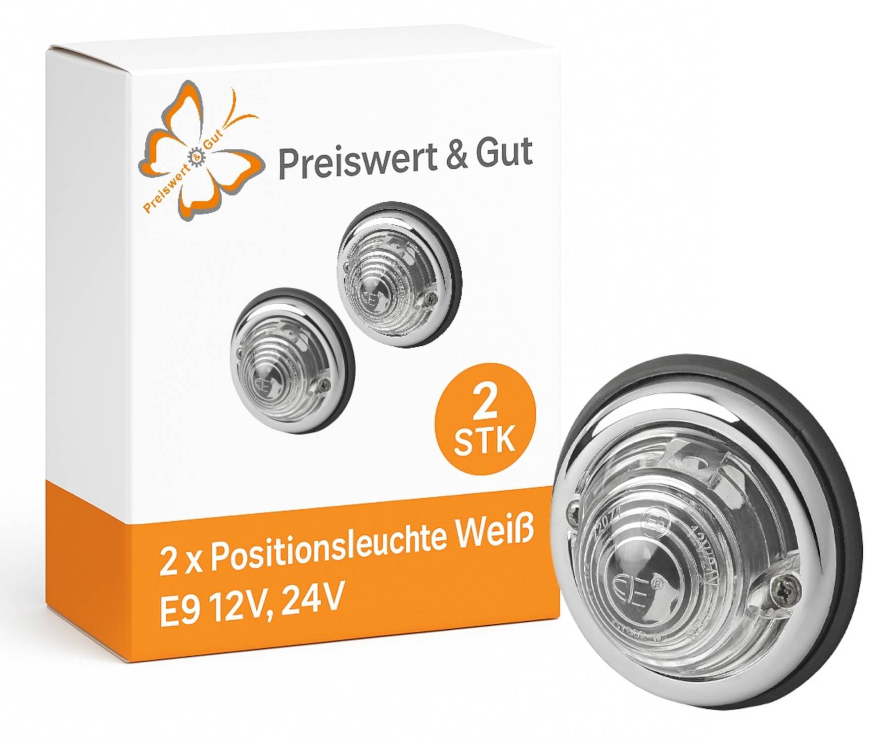 Preiswert & Gut' Paket mit 2 weißen Positionsleuchten für Fahrzeuge, kompatibel mit E9, 12V und 24V Systemen.