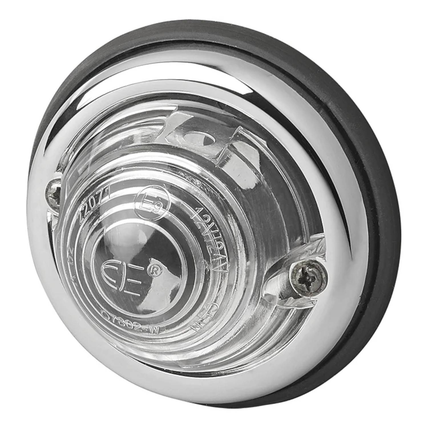 Eine runde, klare Leuchte mit Chrom-Zierleiste und schwarzer Gummidichtung, bei der die Befestigungsschrauben sichtbar sind.