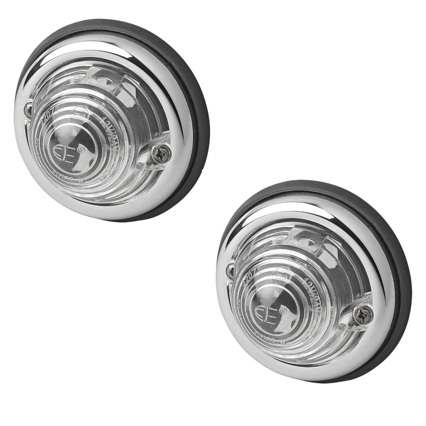 Zwei klare, runde LED-Truckerfahrerkabinenlichte mit verchromten Basen, die die Buchstaben ‚EJ' anzeigen.