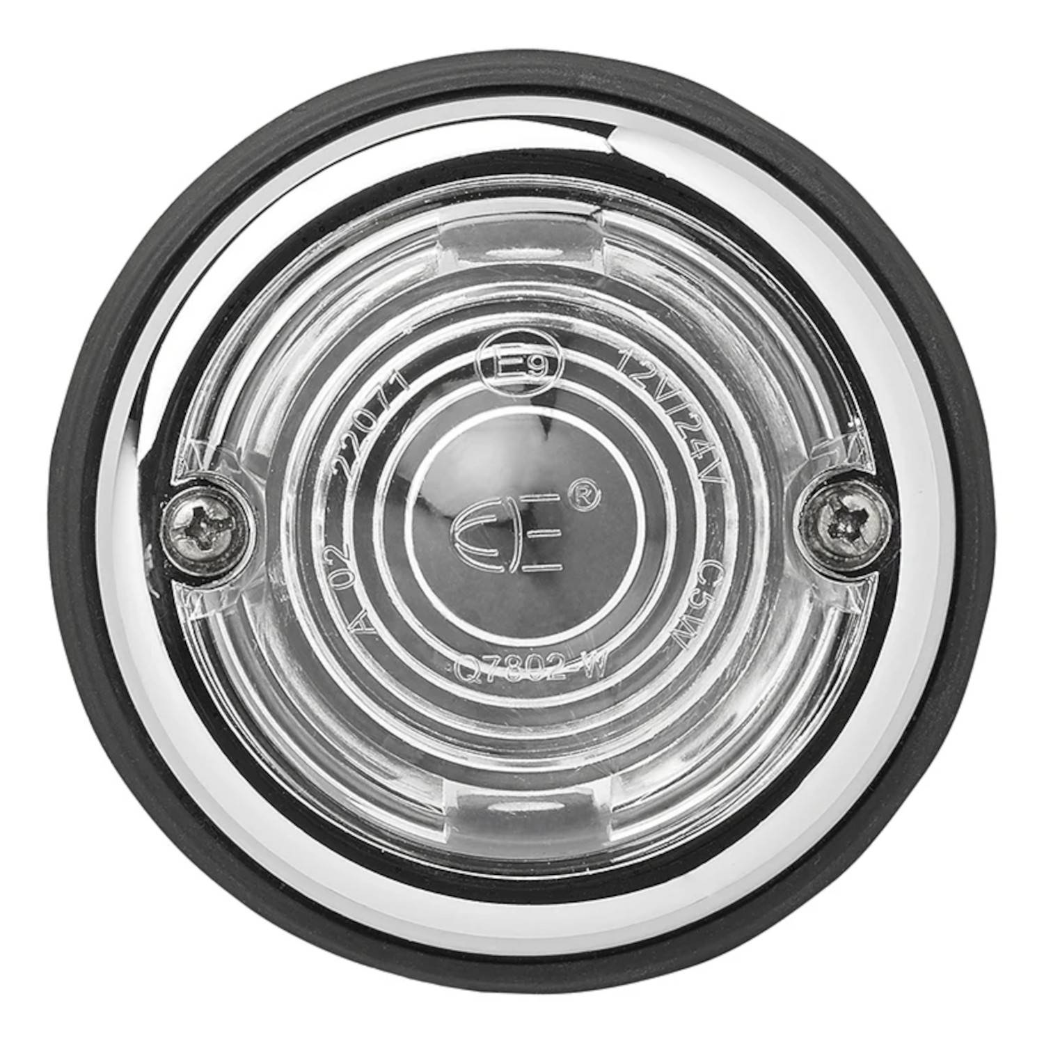 Rundes LED-Licht mit einer durchsichtigen Linse, das interne Schaltkreise und vier Schrauben zeigt, verwendet für Fahrzeug-Signalgebung oder dekorative Zwecke.