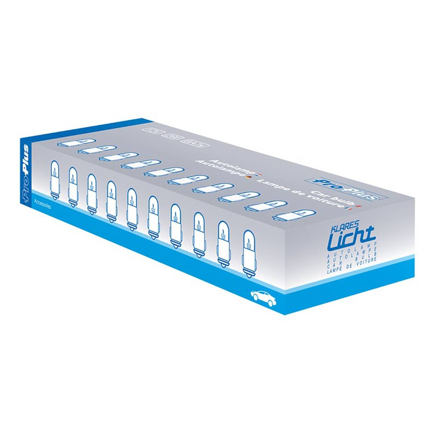 Verpackungskarton für Automotive-Lampen der Marke 'Klares Licht', mit Glühlampen-Illustrationen. Blaues und weißes Design mit Produktdetails.
