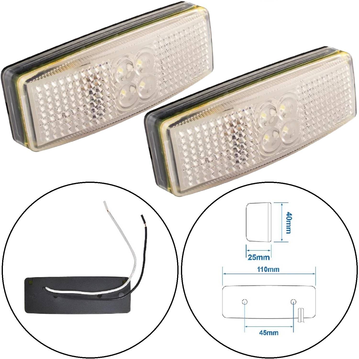 Zwei rechteckige LED-Anhängerleuchten oben; unten zeigt eine technische Zeichnung die Maße und Verdrahtung der Rückseite der Leuchte.