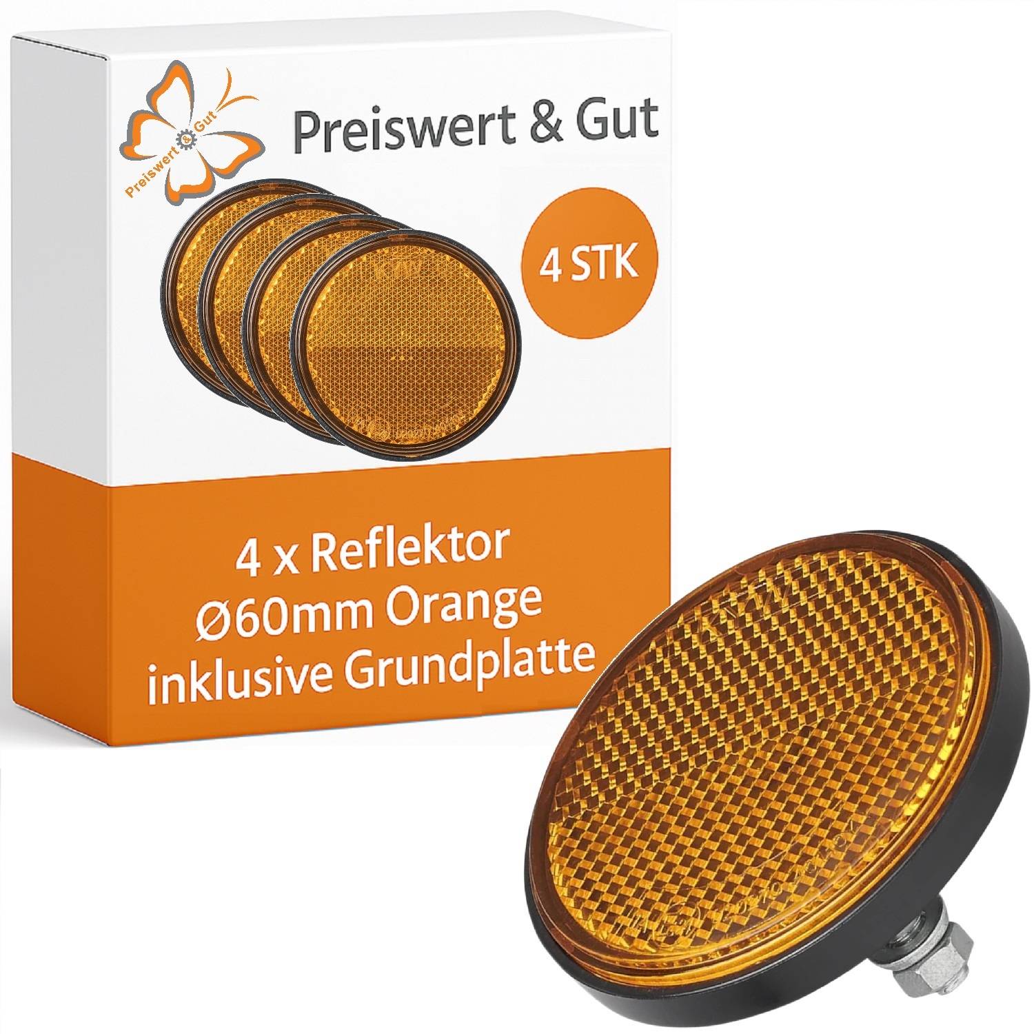 Karton und Produktbild von 4 orangefarbenen 60mm Reflektoren inklusive Grundplatte, gekennzeichnet als 'Preiswert & Gut' und '4 STK'.