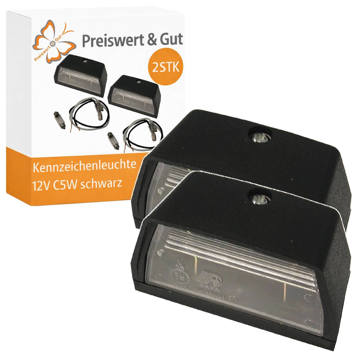 2 Stück Kennzeichenleuchte 12V C5W schwarz mit zwei schwarzen Kennzeichenleuchten, geeignet für die Verwendung im Fahrzeug.