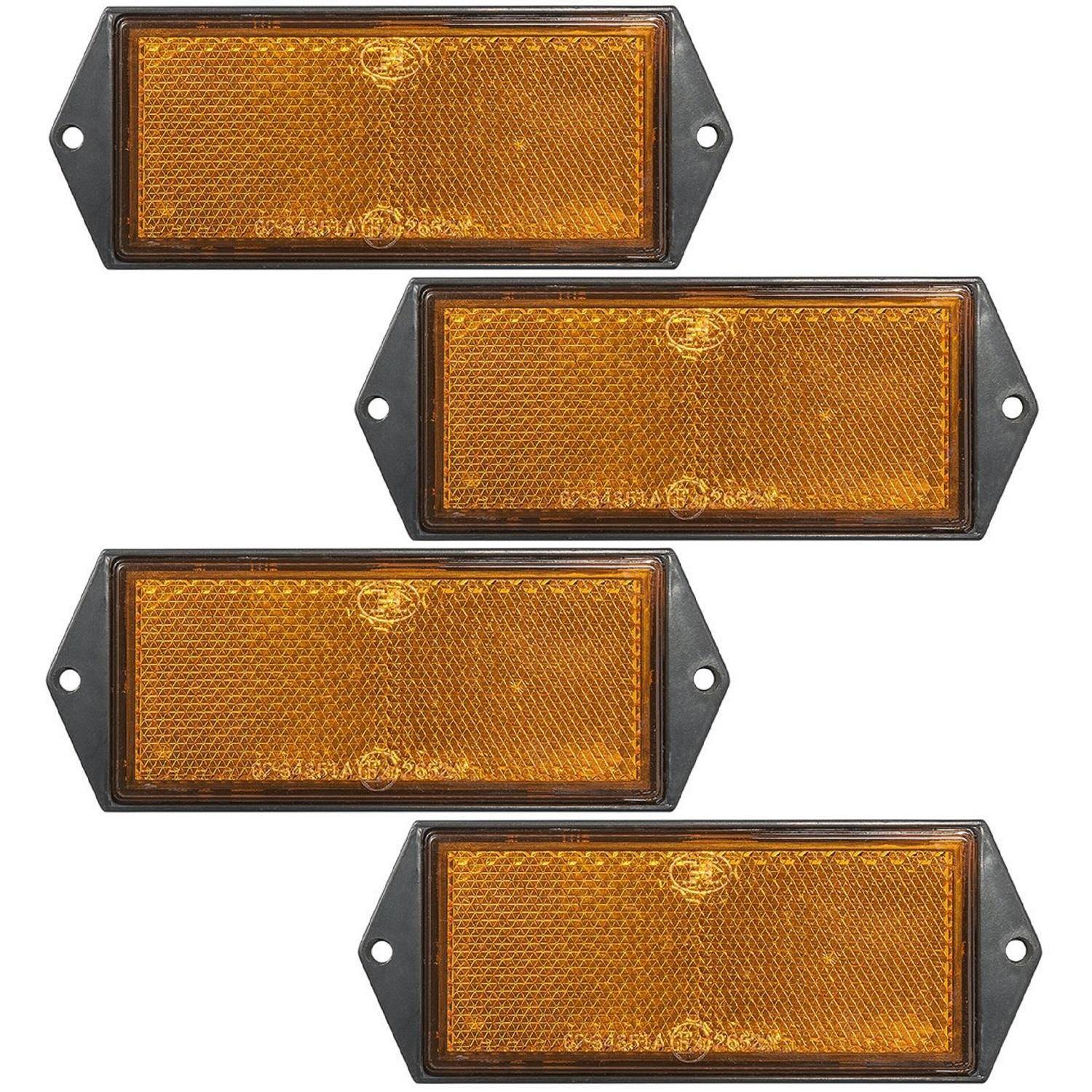 Vier rechteckige bernsteinfarbene Seitenmarkierungsleuchten, jede mit einem schwarzen Rahmen und Diamantmuster-Oberfläche, in zwei Paaren angeordnet.