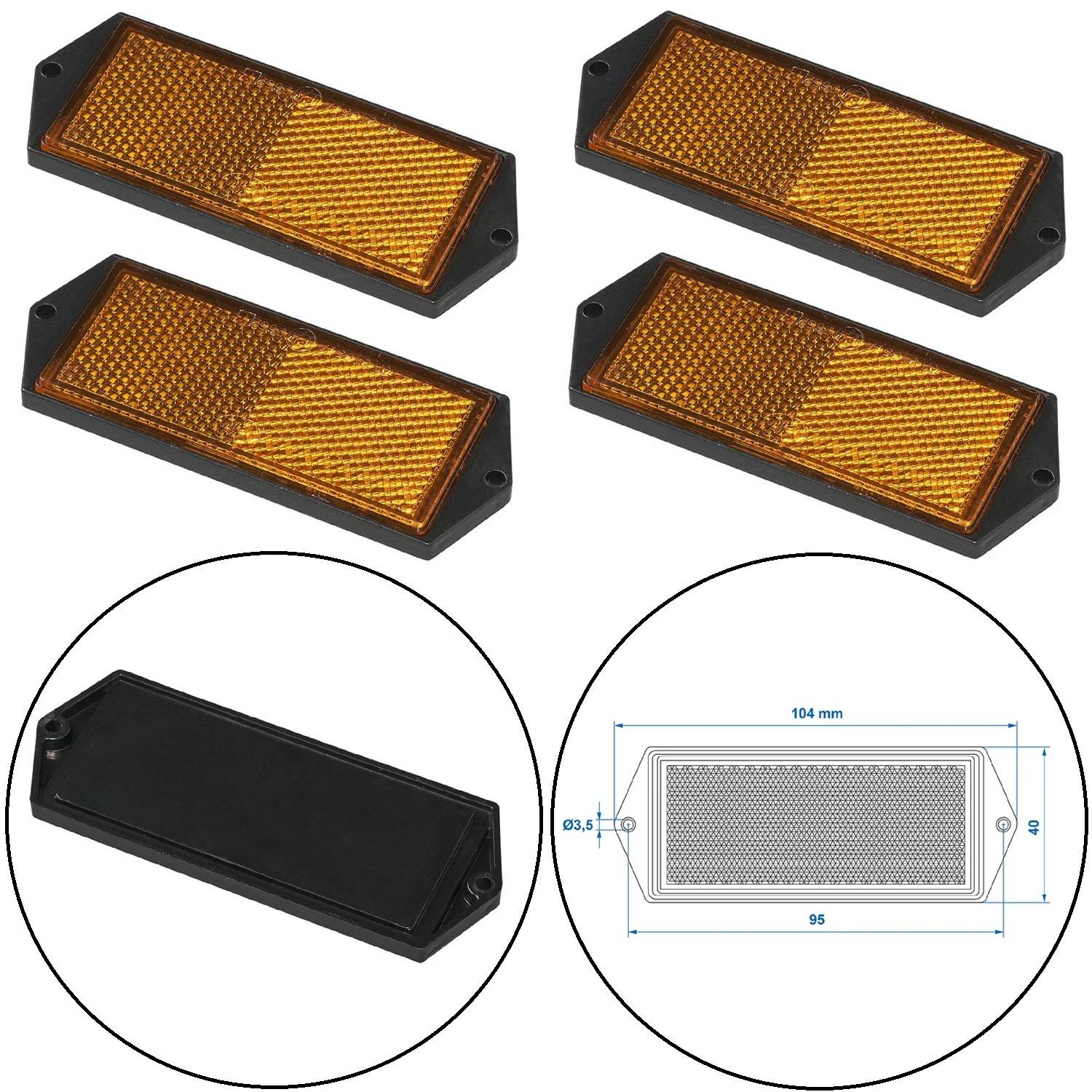 Vier rechteckige orangefarbene Rückstrahler mit einer Nahansicht, die die Abmessungen zeigt: 104 mm Länge, 50 mm Breite und Befestigungslöcher an den Ecken.