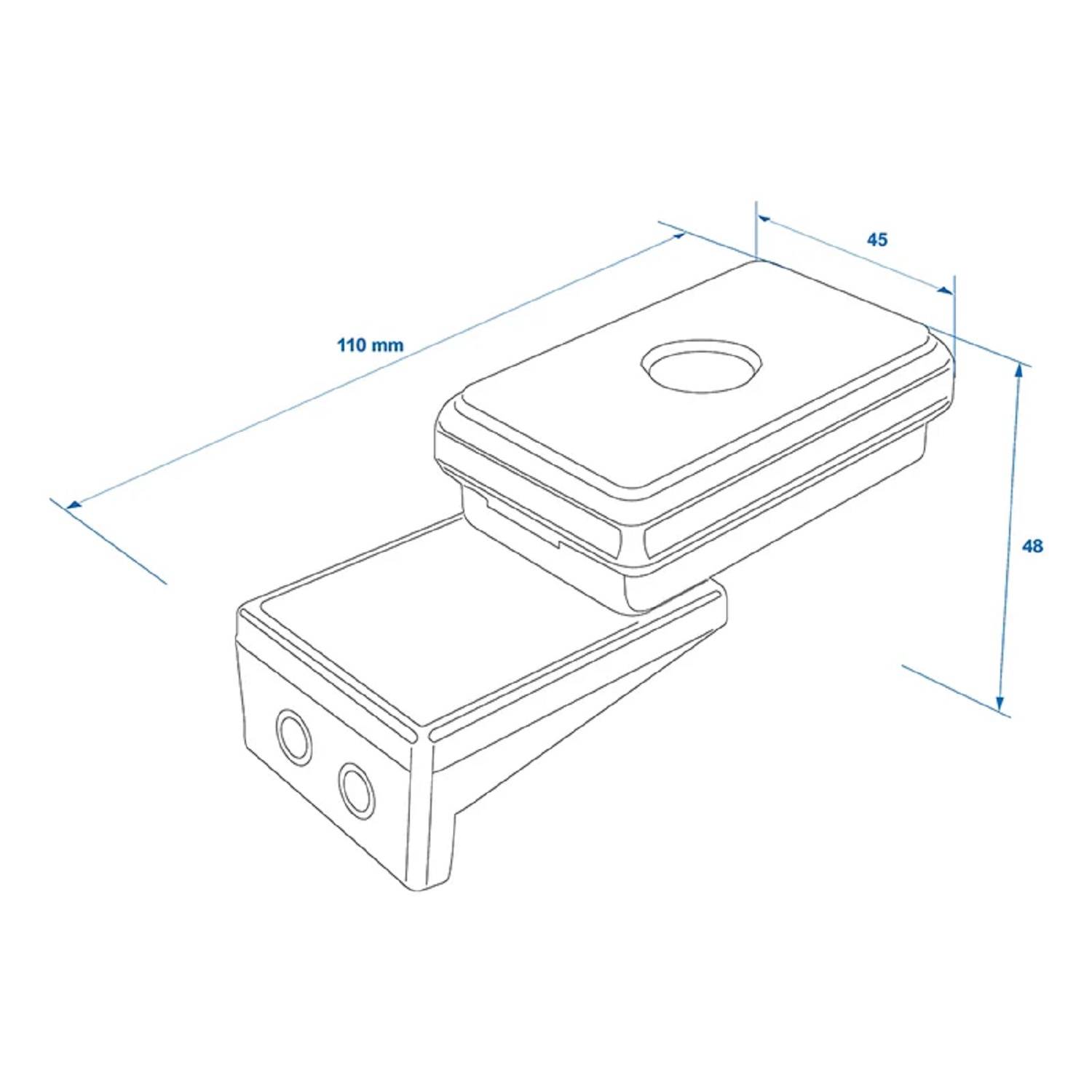 Technische Zeichnung eines rechteckigen Geräts mit Abmessungen: 110 mm Länge, 45 mm Breite und 48 mm Höhe, mit zwei kreisförmigen Öffnungen.