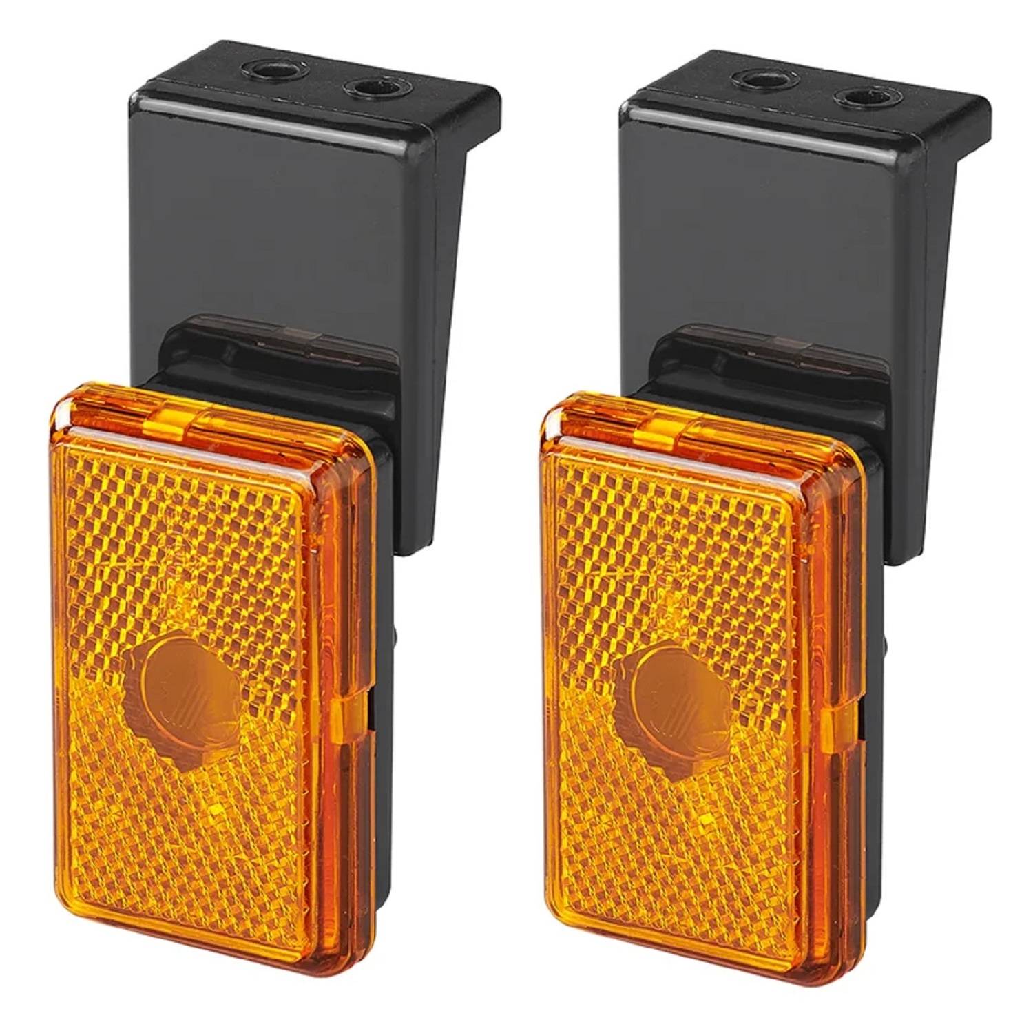 Zwei rechteckige orangefarbene Reflektoren mit schwarzen Halterungen, konzipiert für die Sichtbarkeit auf Fahrrädern oder Fahrzeugen.