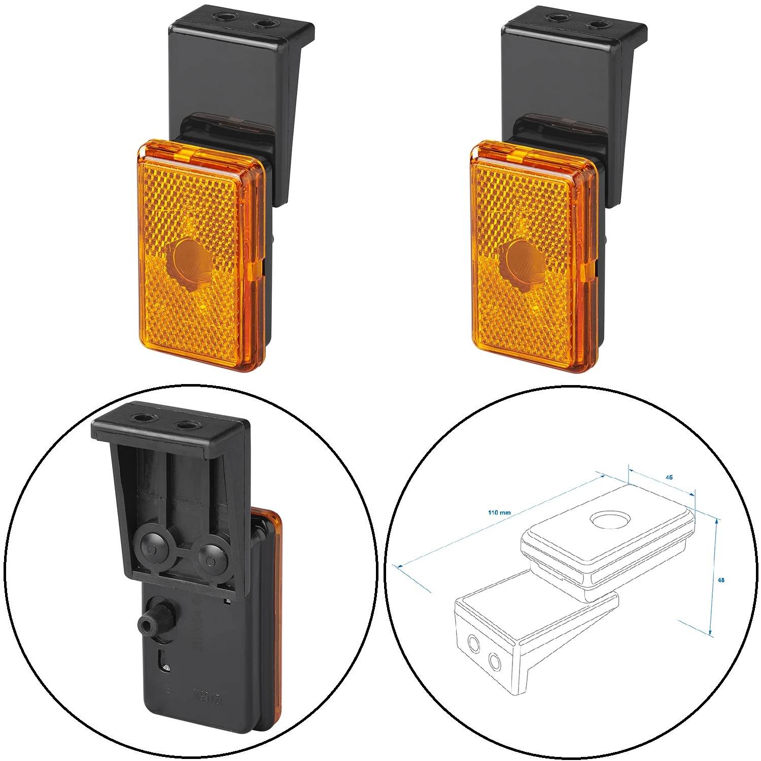 Zwei bernsteinfarbene rechteckige Reflektoren, nebeneinander und von vorne, darunter eine Detailansicht der Rückseite und eine Bauzeichnung mit Maßangaben.