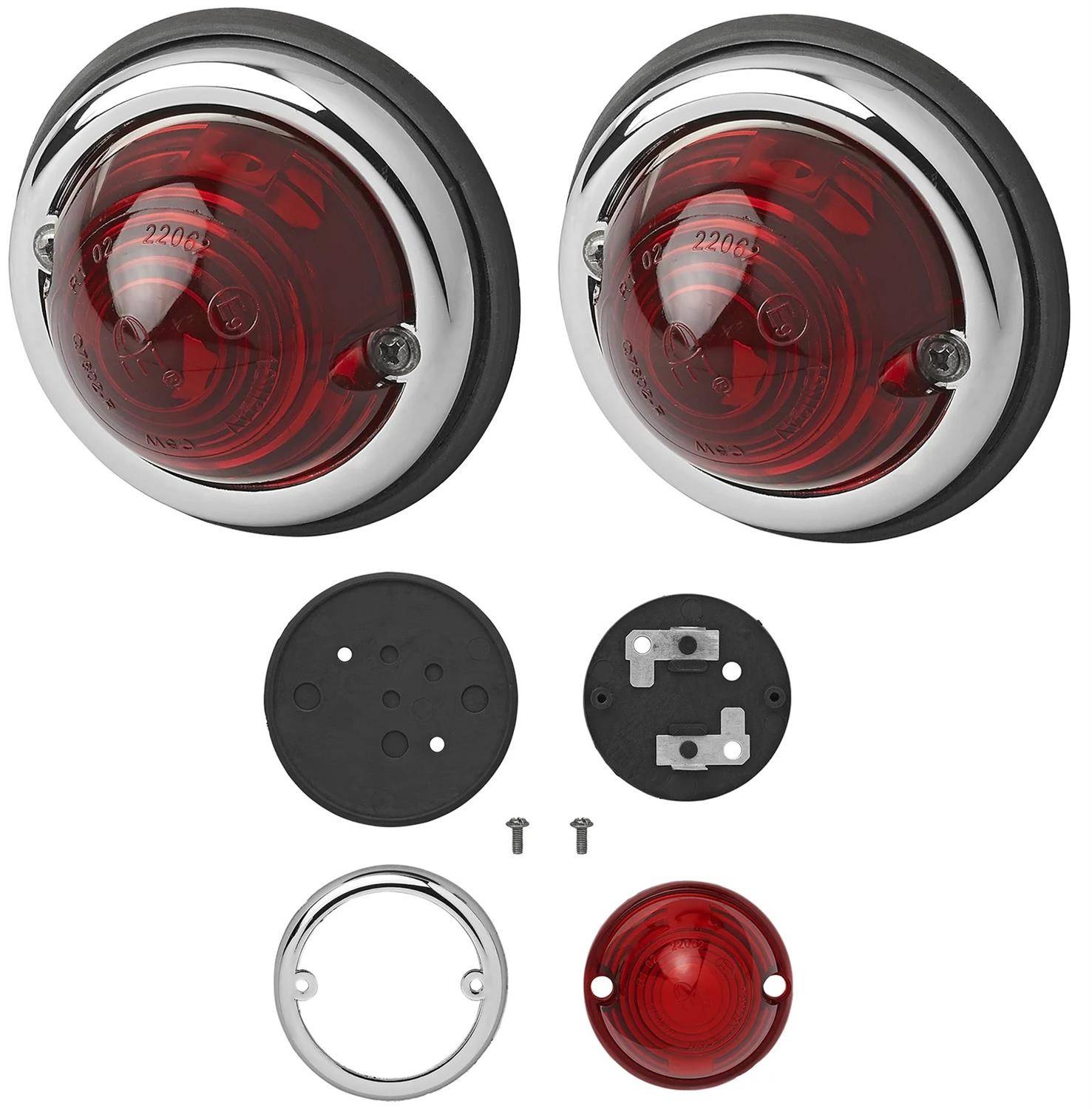 Rundliche rote Rückleuchten mit Chromsockeln und Gummidichtungen, mit Ansichten von Vorder- und Rückseite, Schrauben im Lieferumfang enthalten.