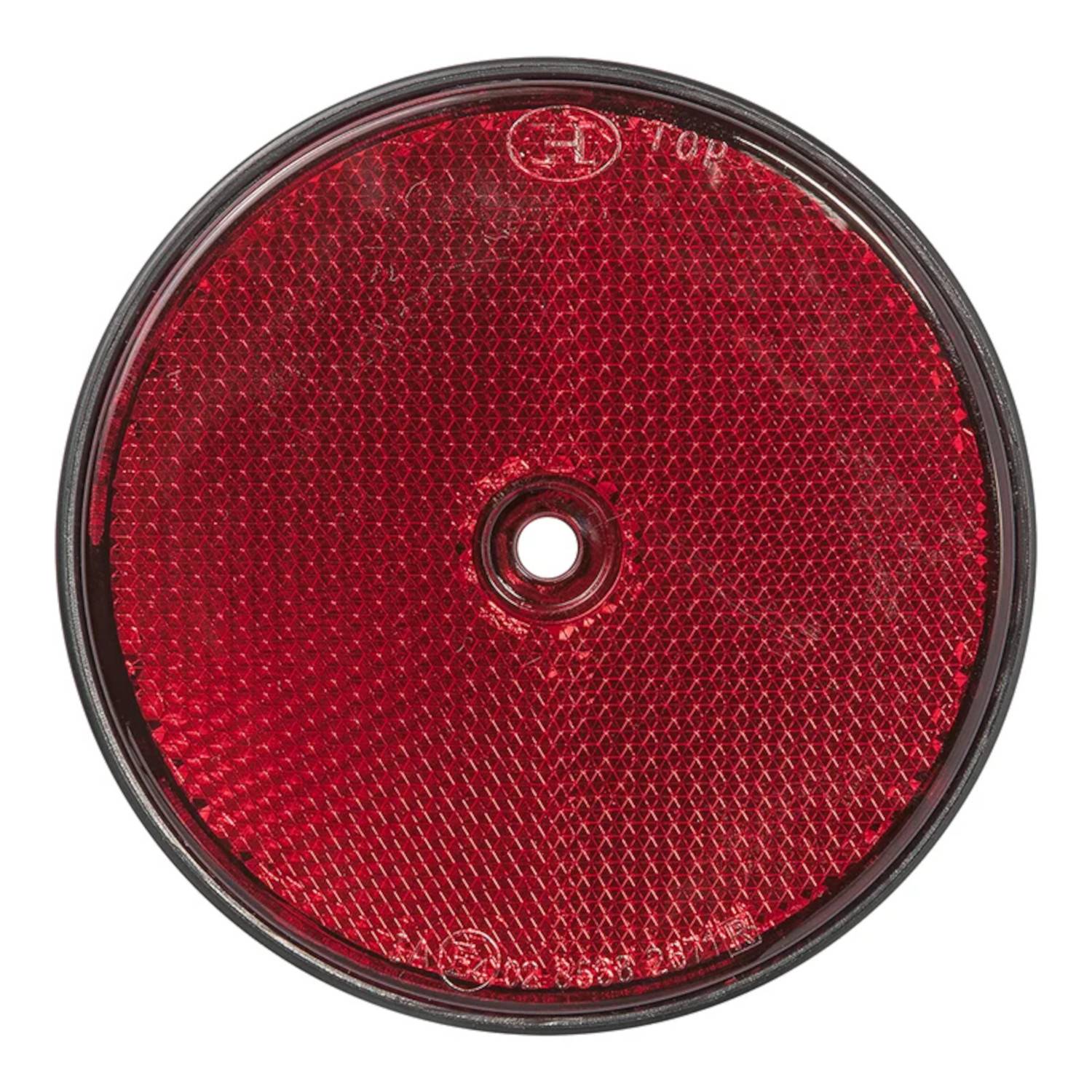 Ein rundes, rotes Fahrradreflexelement mit strukturierter Oberfläche und zentraler Befestigungsöffnung, das entwickelt wurde, um die Sichtbarkeit bei schlechten Lichtverhältnissen zu verbessern.