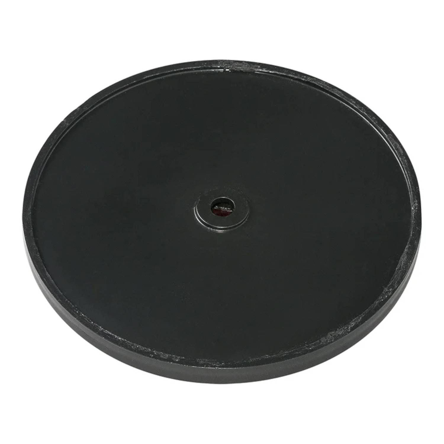 Ein kreisförmiges, schwarzes, flaches Objekt mit einem kleinen Loch in der Mitte, das als Basis oder Gewicht verwendet wird.
