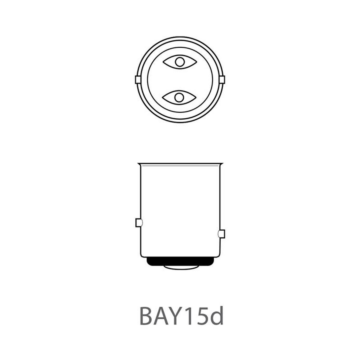 Diagramm mit Ansichten von oben und der Seite einer BAY15d Lampenfassung, das die Pin-Konfiguration zeigt.
