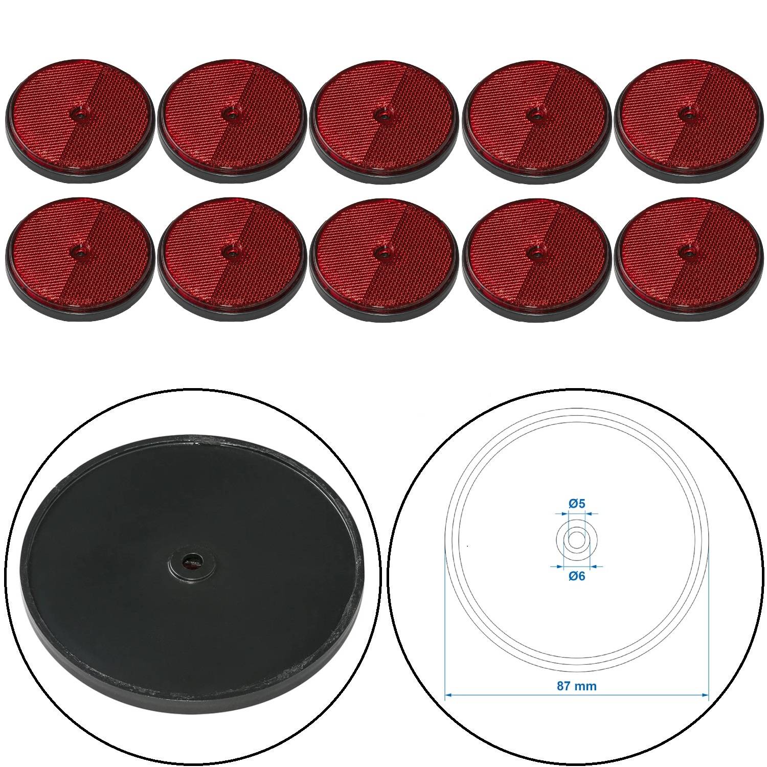 Zehn rote kreisförmige Magnete mit schwarzer Basis, angeordnet in zwei Reihen. Die Nahaufnahme zeigt einen Magneten mit Abmessungen von 87 mm Durchmesser.
