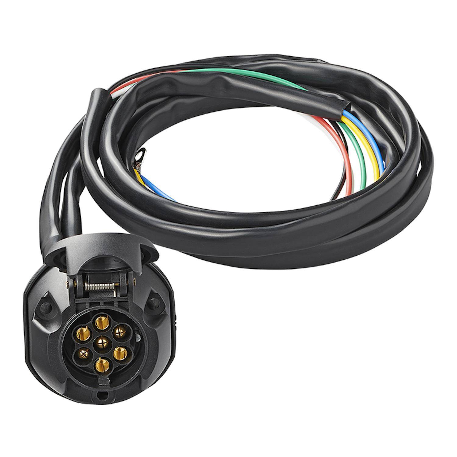 Schwarzes Elektrokabel mit mehrfarbigen Leitern und einem kreisförmigen Steckverbinder, verwendet für Energie- oder Datenverbindungen.