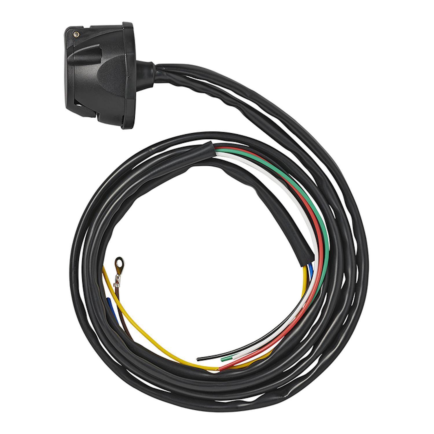 Ein gewickelter elektrischer Kabelbaum mit einem schwarzen Steckergehäuse an einem Ende, der mehrere farbige Kabel aufweist.