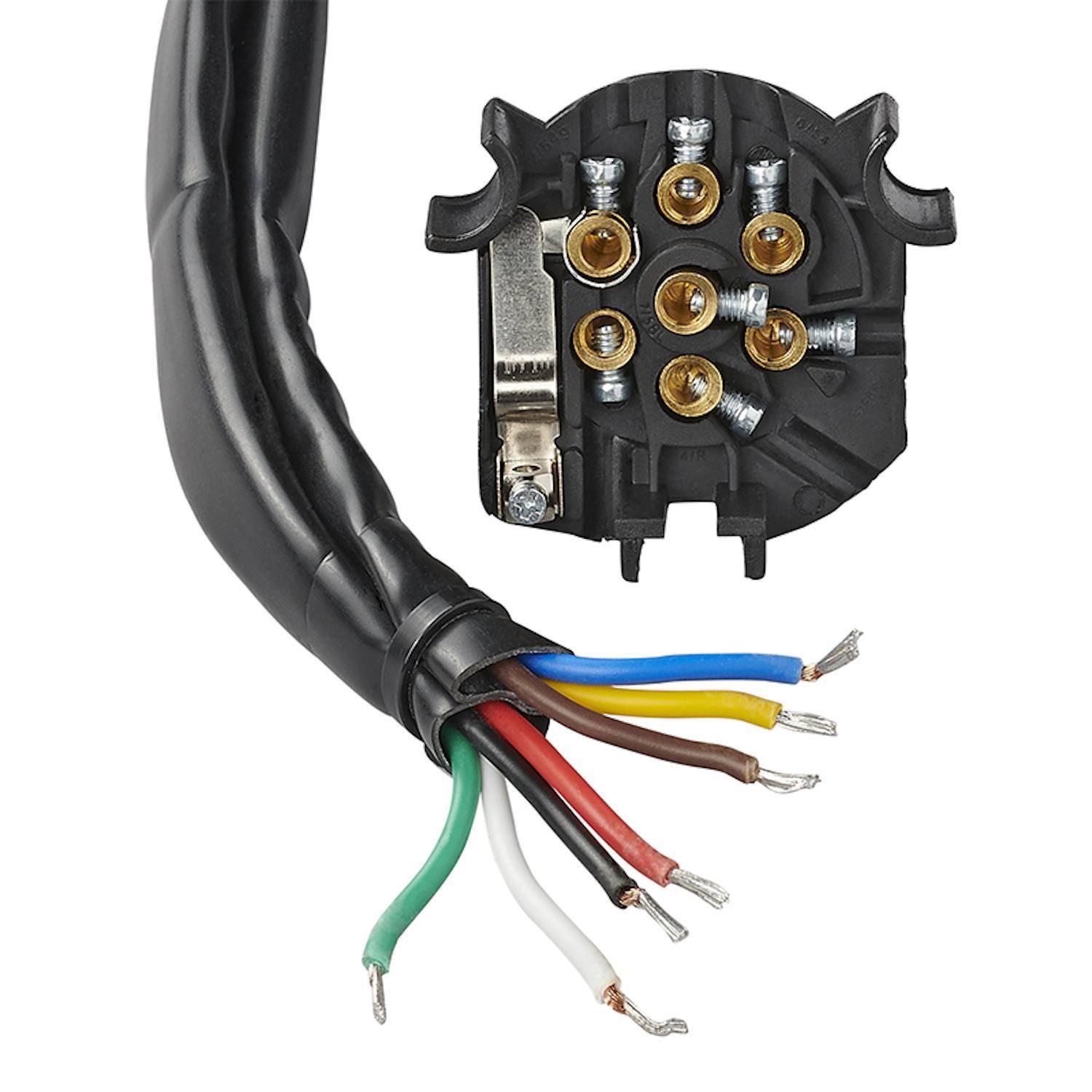 Ein schwarzer Anhängerstecker mit sieben freiliegenden Aderkabeln in den Farben Rot, Grün, Weiß, Schwarz, Blau, Gelb und Braun, bereit zur Installation.