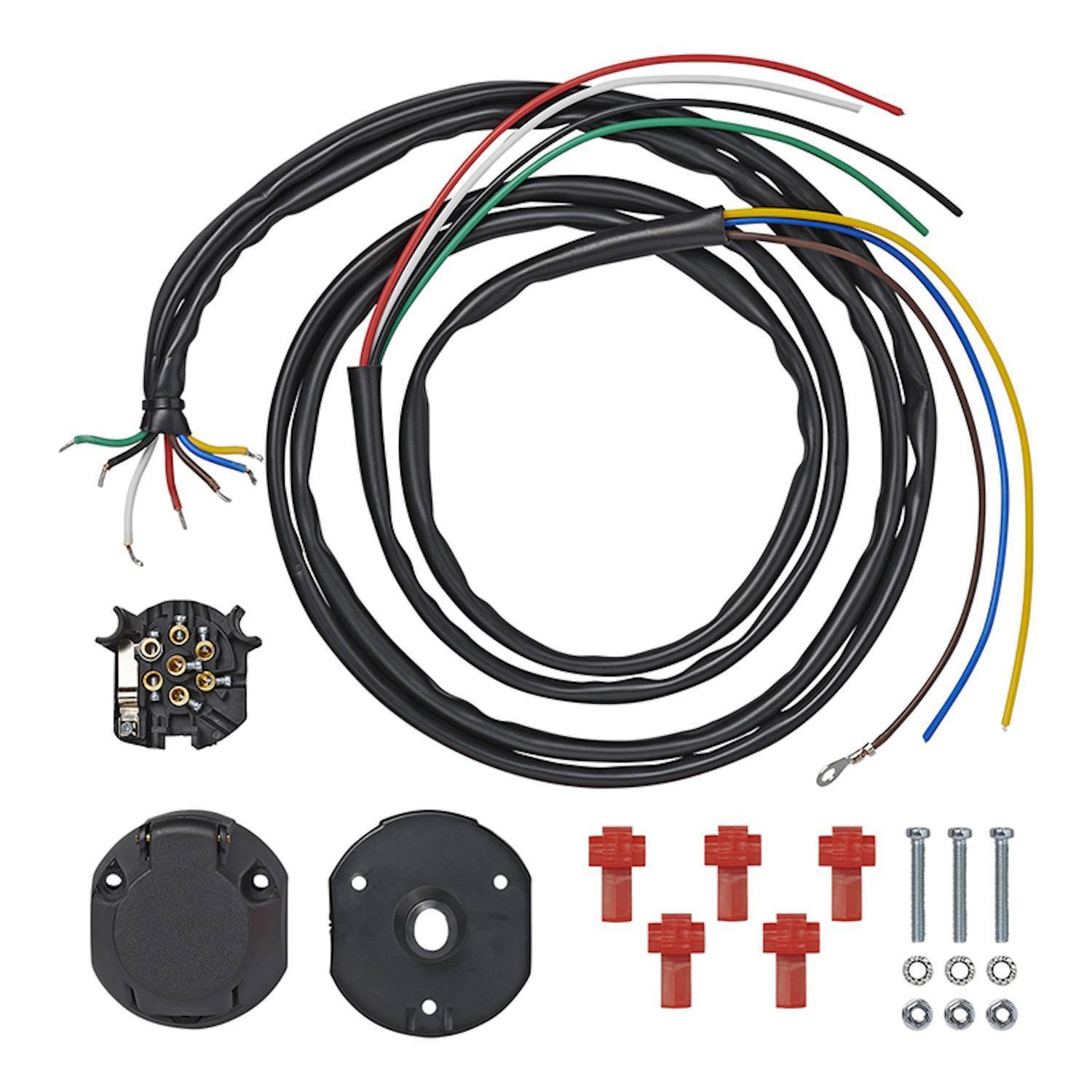 Ein kreisförmiges Anhänger-Kabelsatz-Set mit schwarzem Kabel, Anschlüssen, Schrauben und farbigen Kabeln.