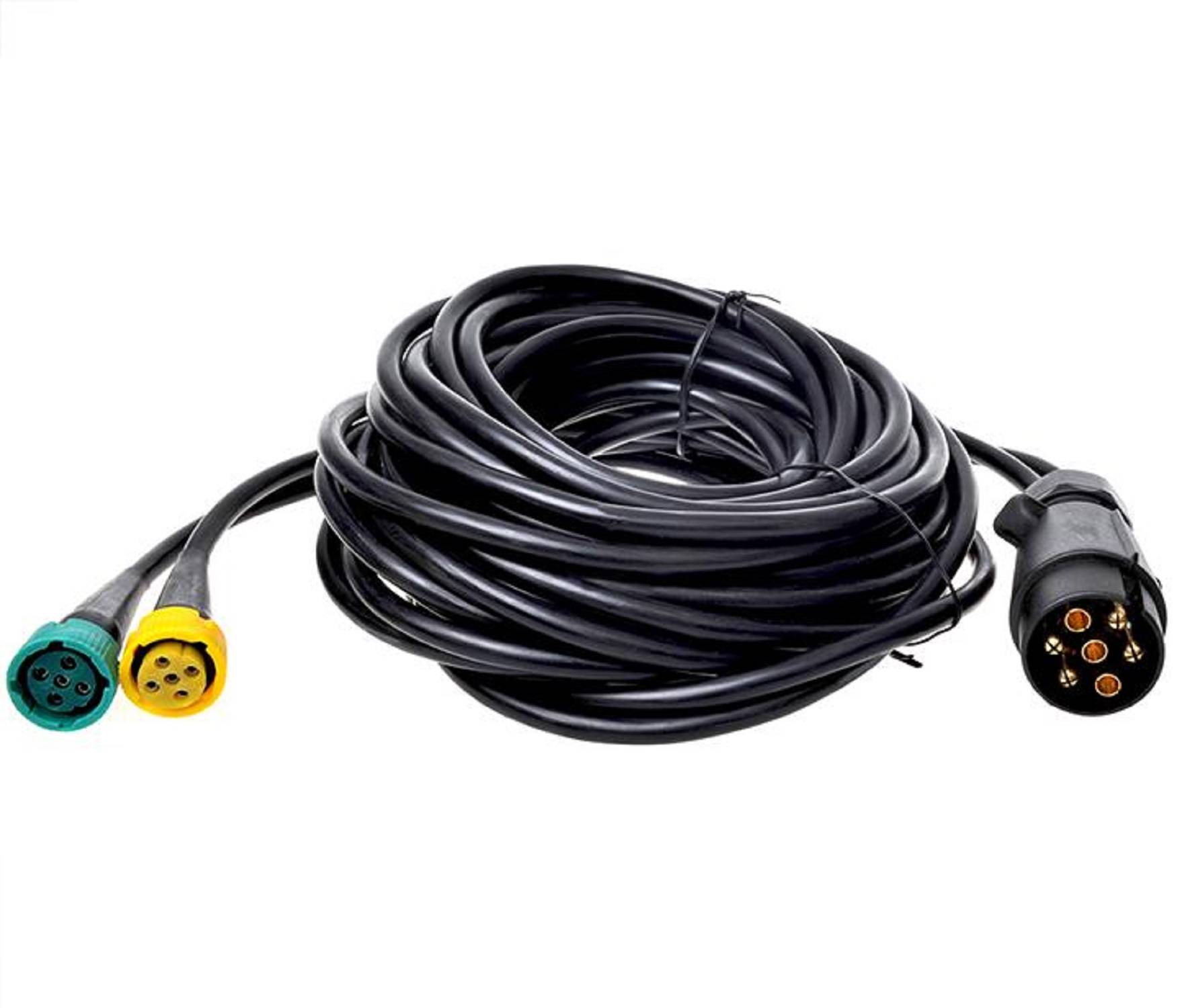 Ein gewickeltes, mehrfarbiges Kabel mit Anschlüssen, wahrscheinlich für elektrische oder Datenübertragung, mit gelben, grünen und schwarzen Steckern.