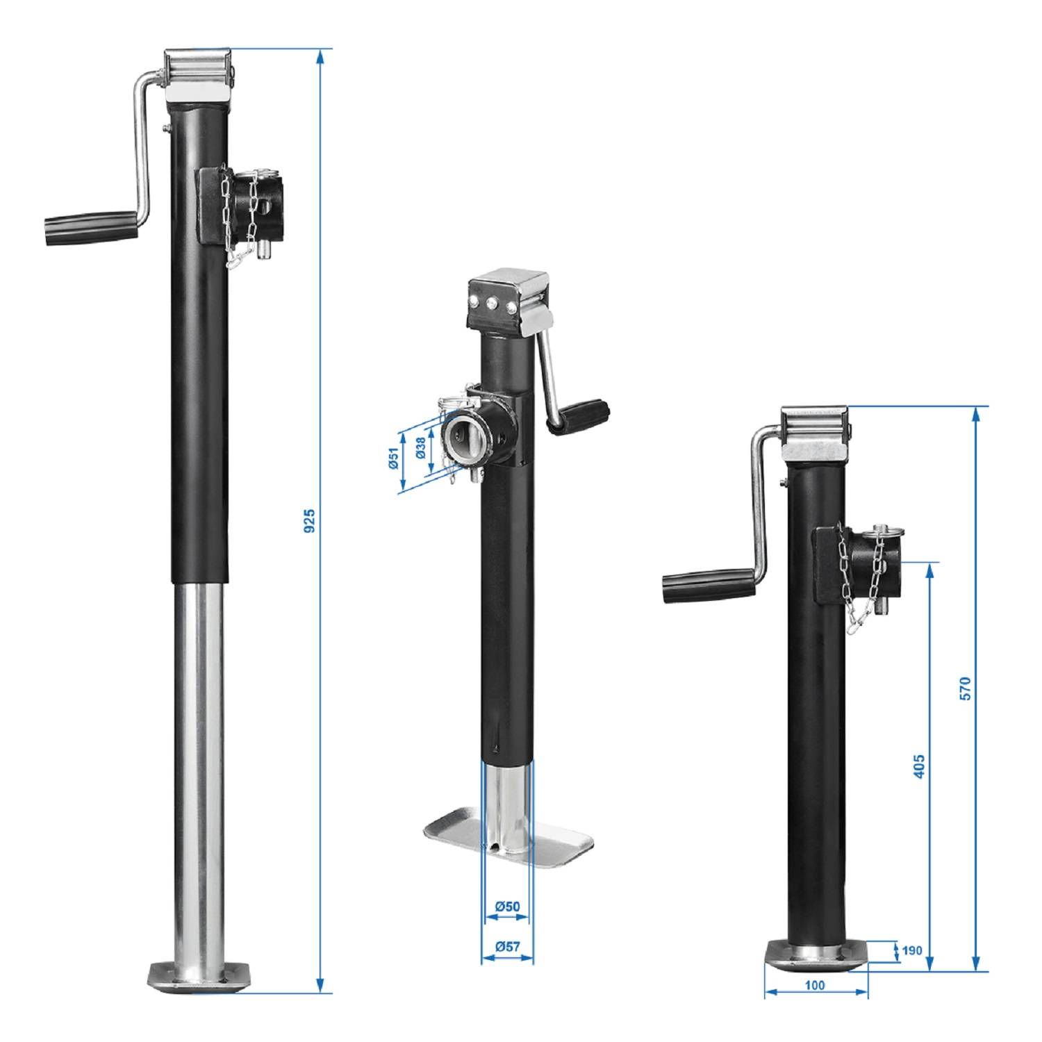 Drei schwarze Anhängerböcke in unterschiedlichen Höhen und mit verschiedenen Grundflächen, jeder mit einem seitlichen Hebel zum Anheben; blaue Maßangaben zeigen die Größenunterschiede.