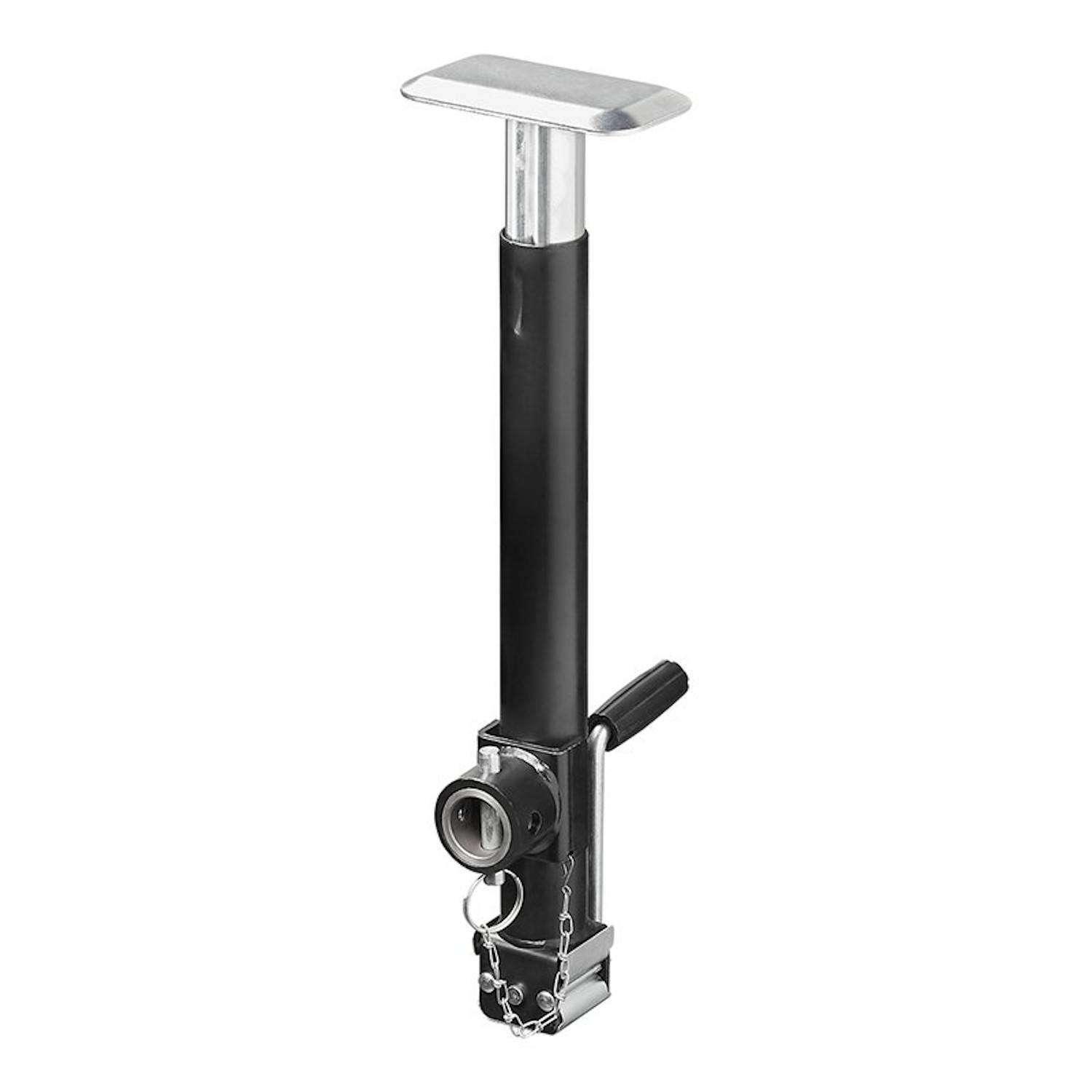 Ein verstellbares schwarzes Tischbein mit rechteckiger Grundplatte und Kette.