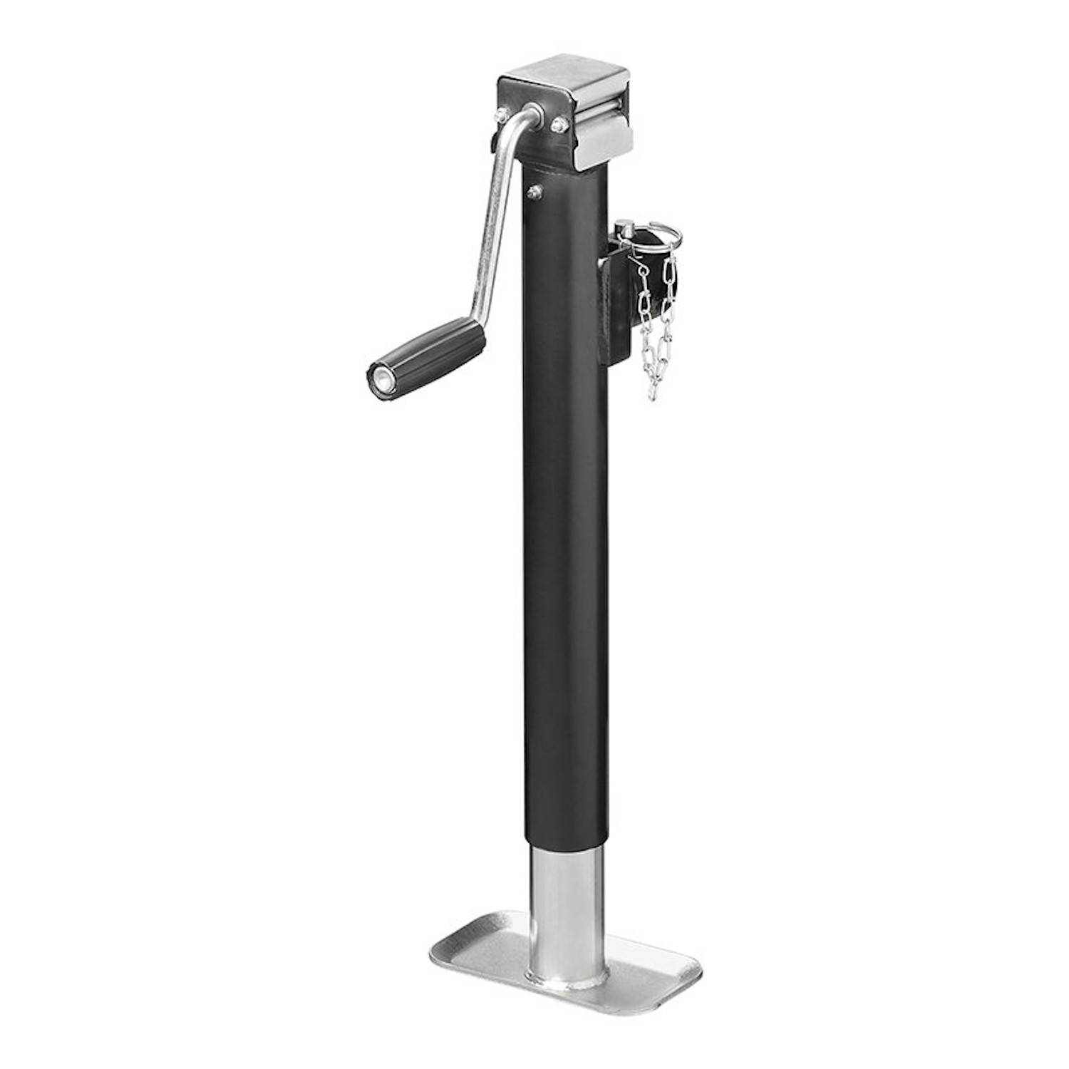 Ein schwarzer und silberner Anhängerhebearm mit Griff und Kette zur manuellen Verstellung, der dazu dient, einen Anhänger zu stützen oder anzuheben.