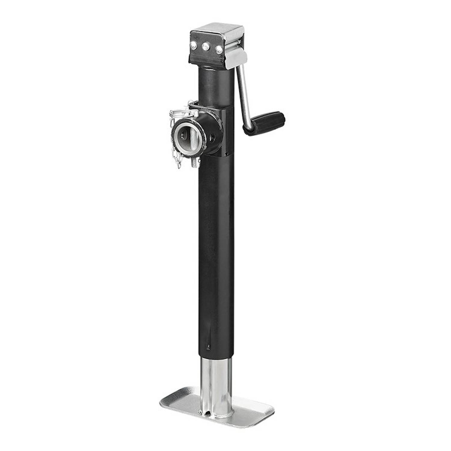 Ein vertikaler, schwarzer und silberner, handbetriebener Anhänger-Stützbock mit einer Kurbel an der Seite, der zum Höhenverstellungen bei Anhängern verwendet wird.