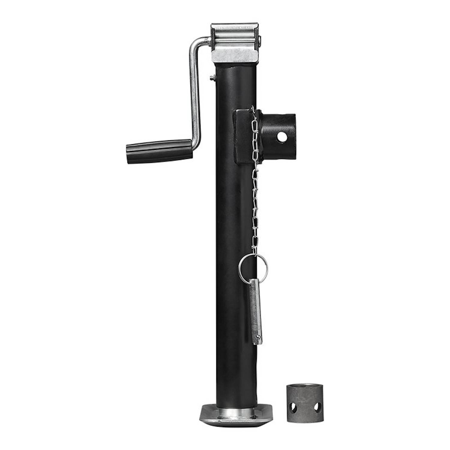 Ein schwarzer manueller Anhänger-Wagenheber mit Handkurbel, verwendet zum Höhenverstellungder Anhängerladefläche. Angehängte Kette und zwei Befestigungskomponenten im Lieferumfang enthalten.