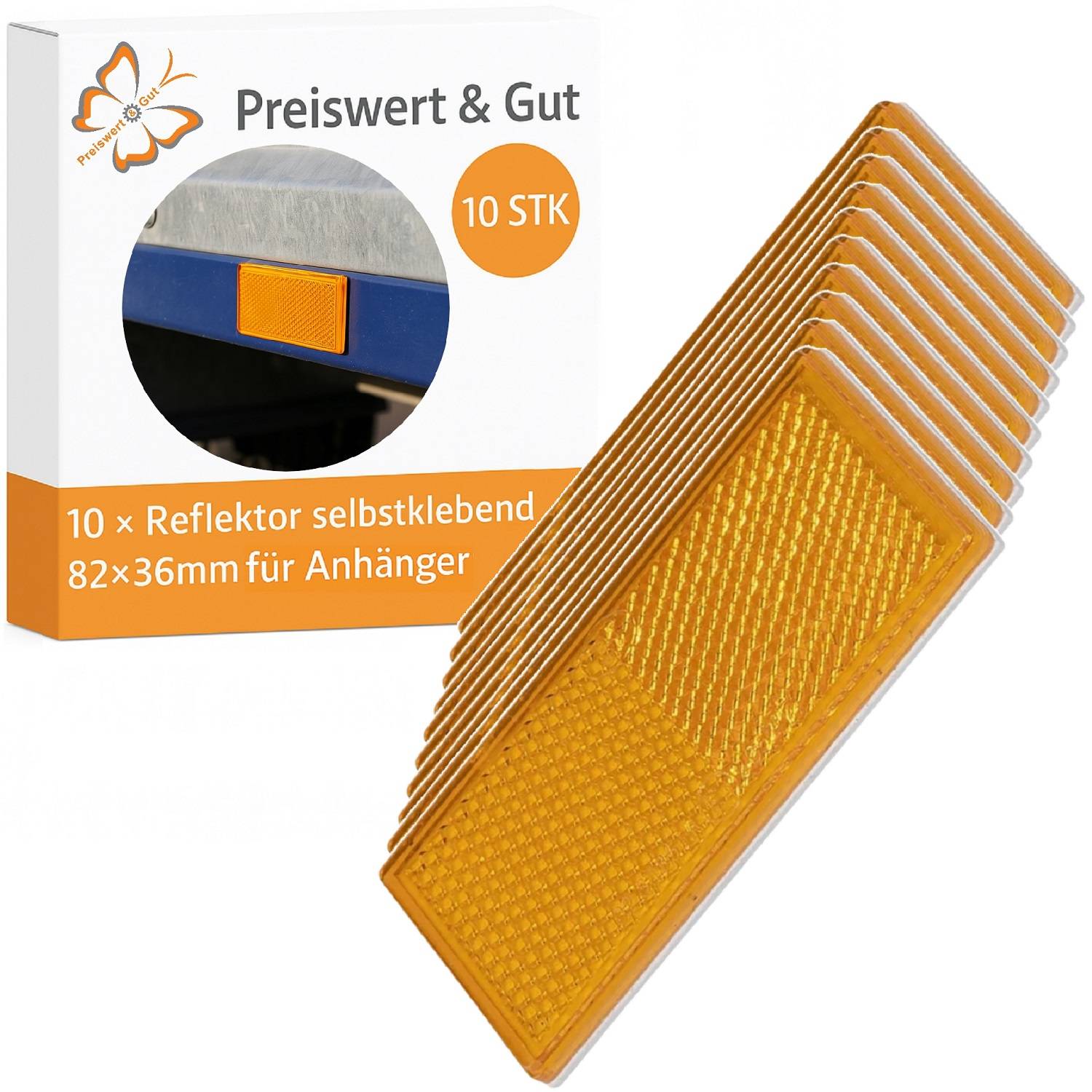 10 STK Preiswert & Gut' Box mit 10 selbstklebenden, orangefarbenen Reflektoren für Anhänger, Maße 82x36mm.
