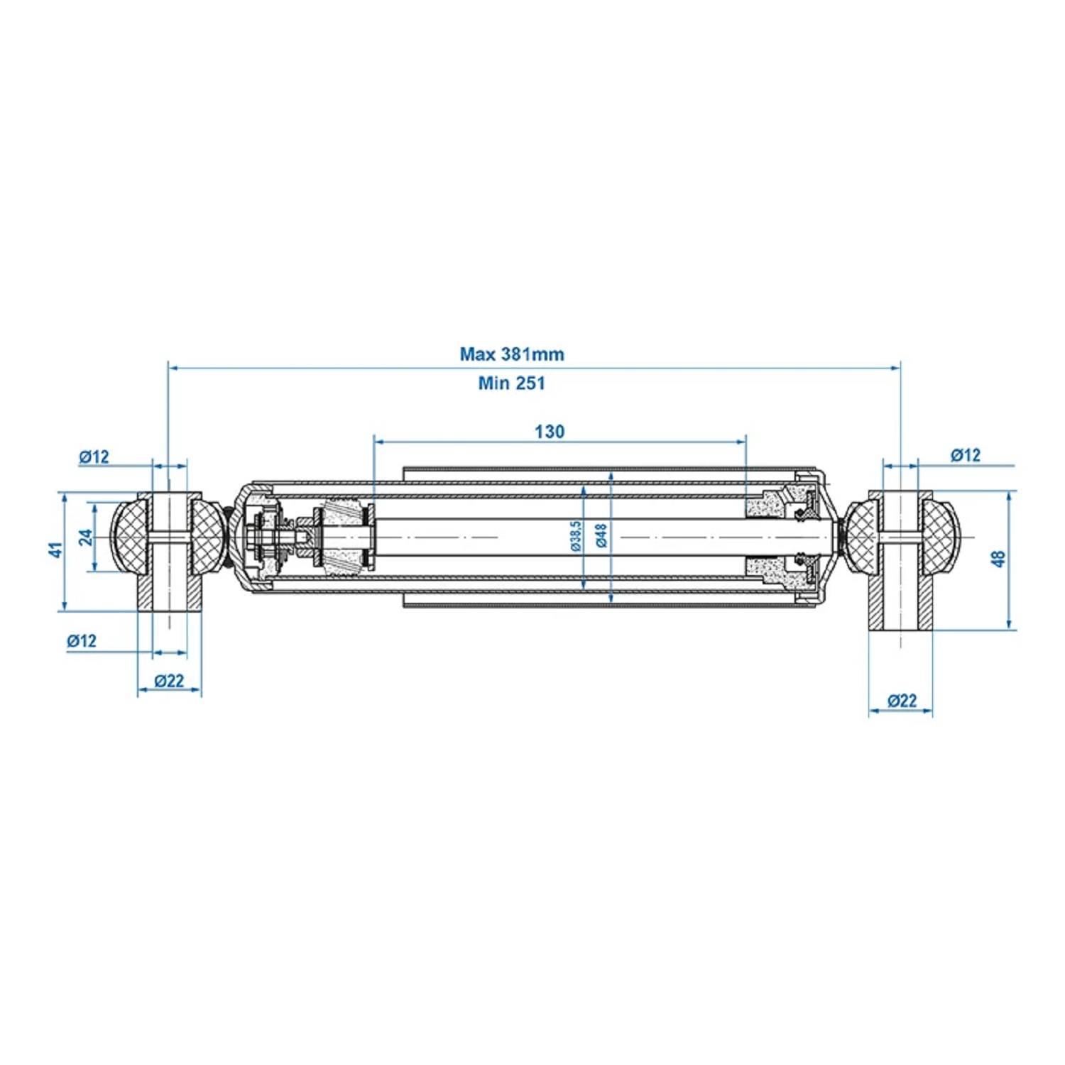 Zylindrisches mechanisches Teil - technische Zeichnung mit Dimensionen: Max 381 mm, Min 251 mm. Merkmale in Millimetern beschriftet.