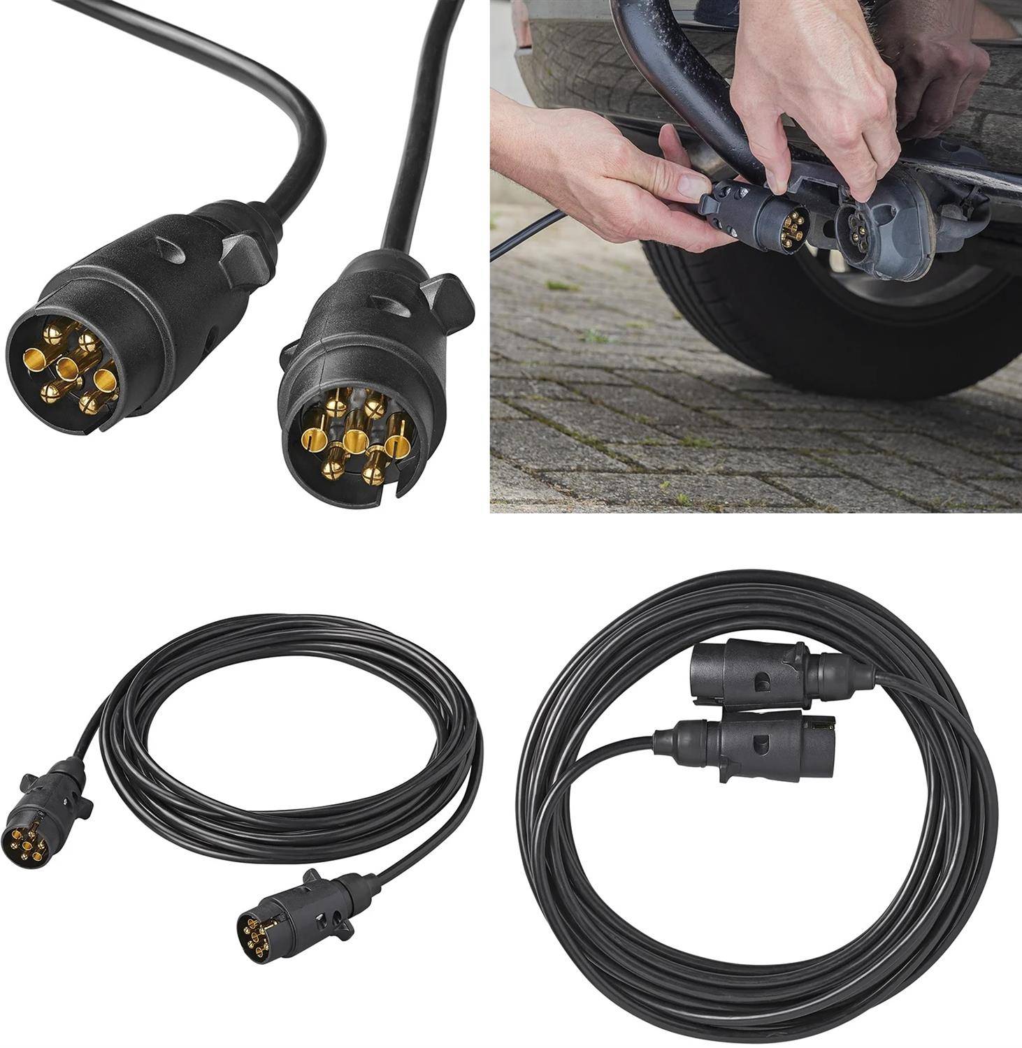 Eine Sammlung von automobilen elektrischen Verbindern und Kabeln, einschließlich einer Nahaufnahme einer Person, die einen Verbinder in eine Fahrzeugbuchse einsteckt.