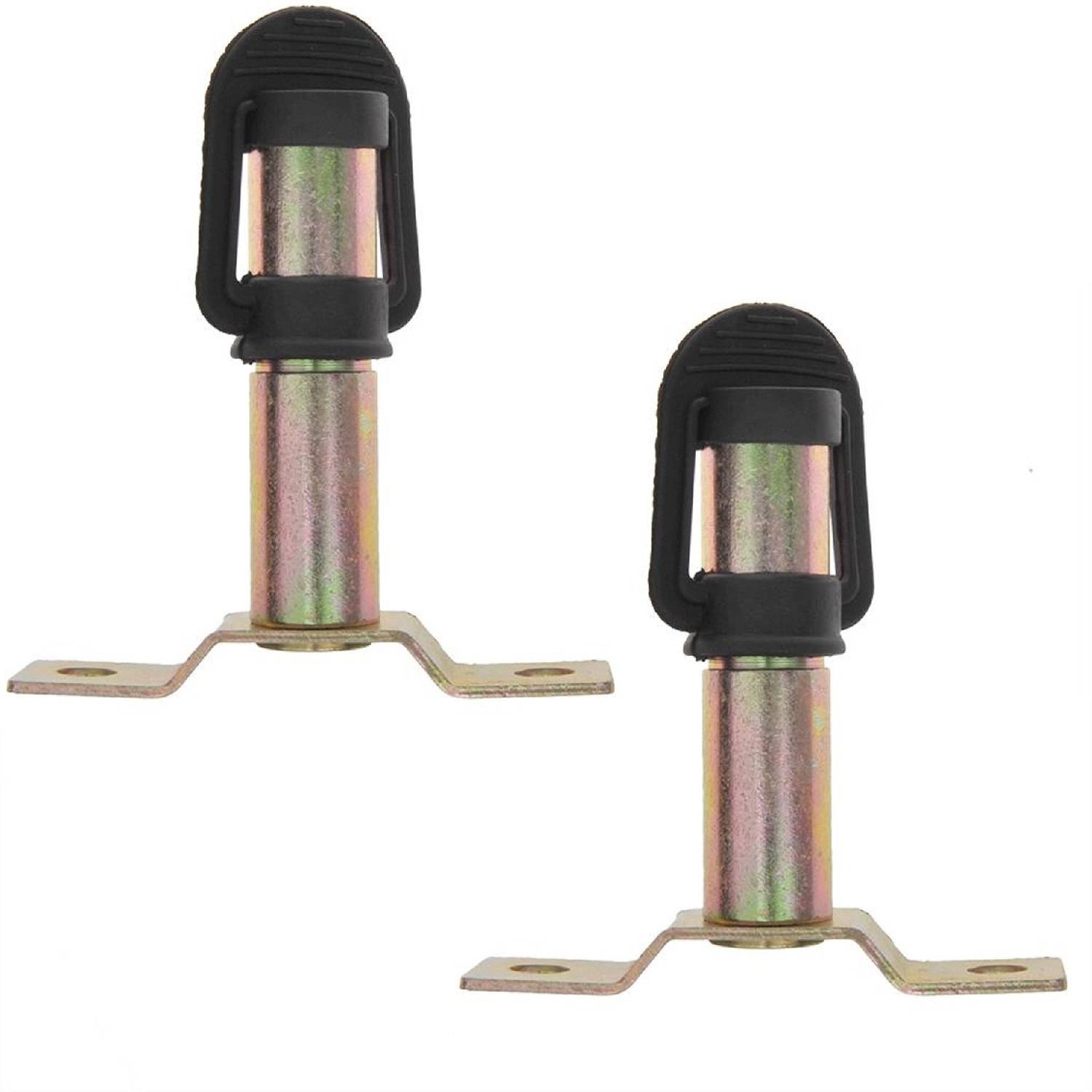 Zwei metallene Türfeststeller mit Federmechanik und schwarzen Gummioberflächen, die zum Offenhalten von Türen verwendet werden, vor einem weißen Hintergrund positioniert.